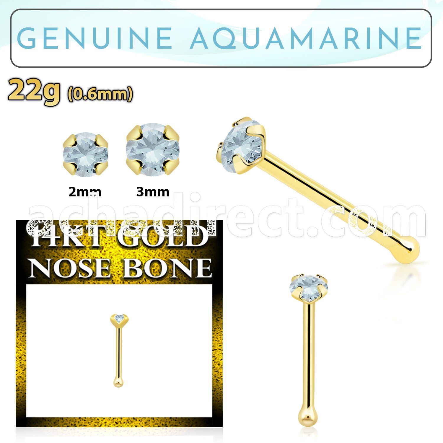 gnbge8 14kt gold nose bone with a 2mm prong set aquamarine