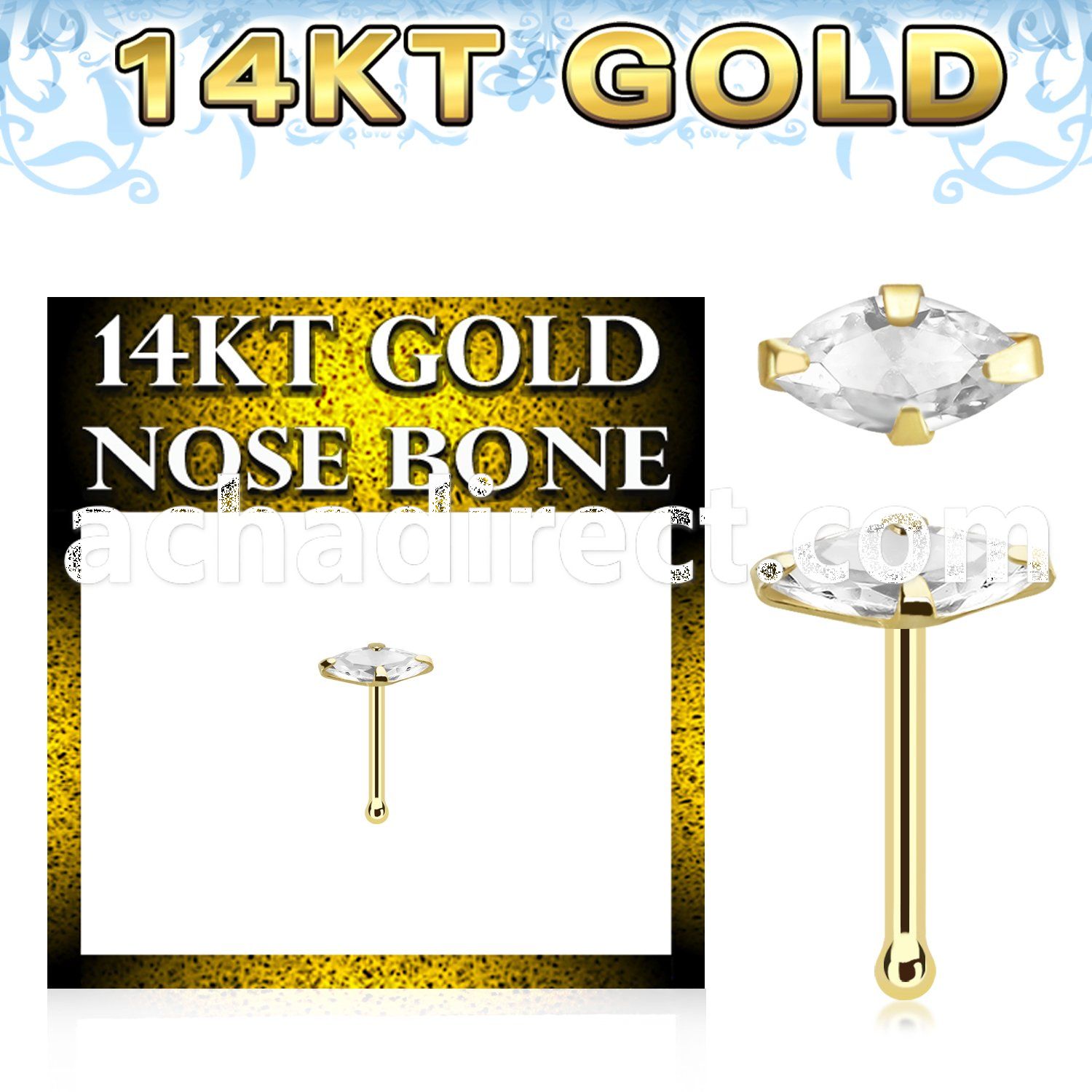 gnbmqm1 14k gold nose bone prong set cz stone marquise