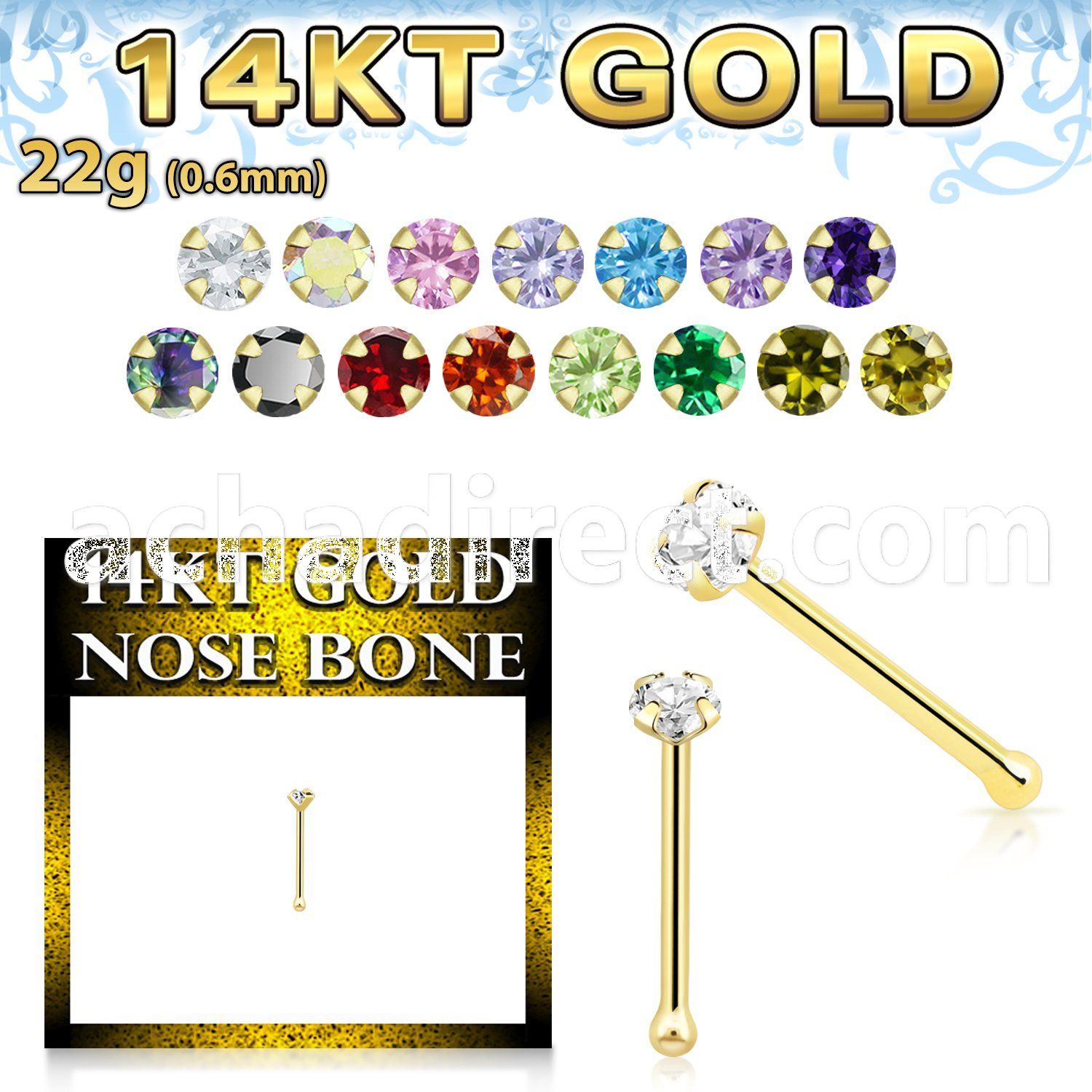 gnbzm1 14kt gold nose bone with a 2mm round prong set cz stone