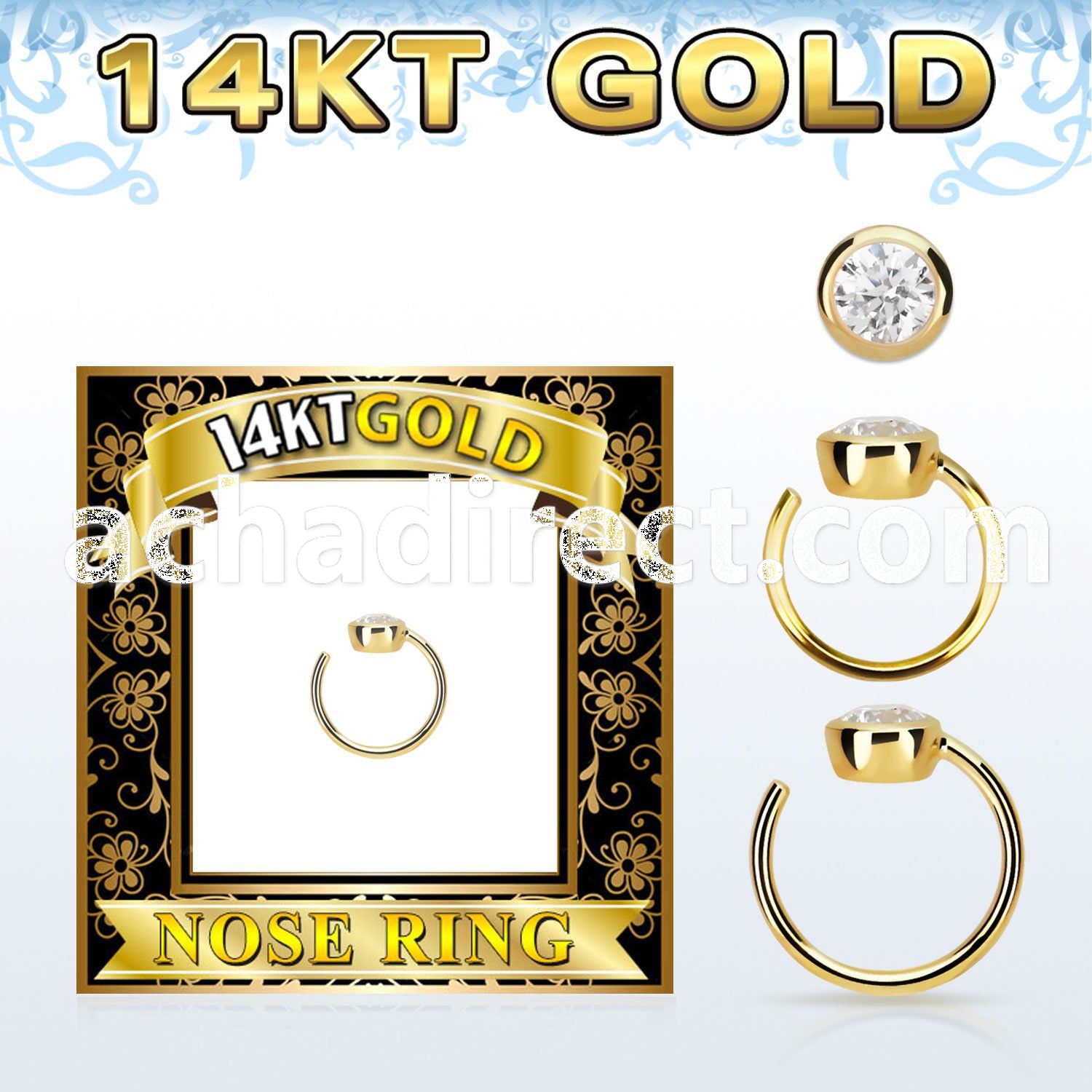 gnrz3 solid 14k gold nose ring w 3mm round cz top