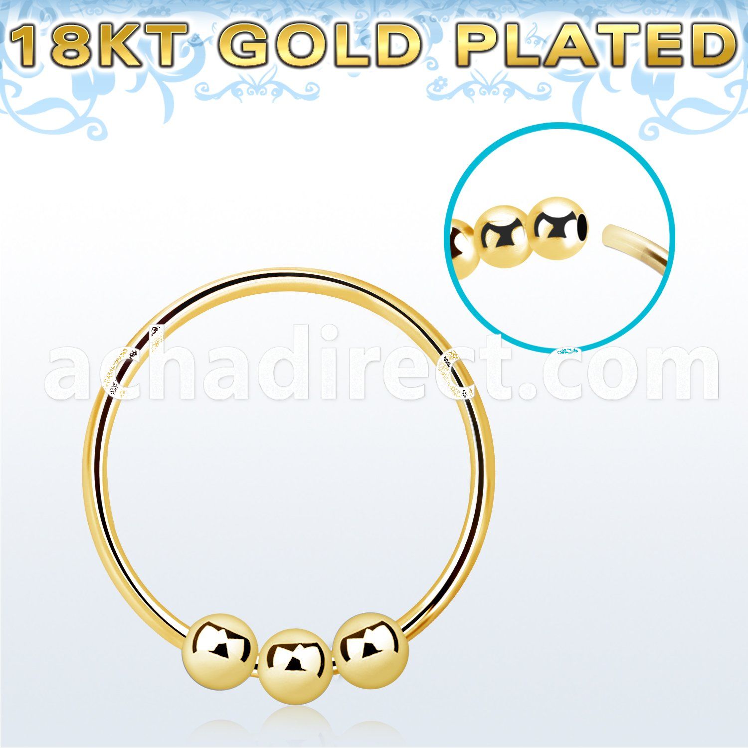 gold plated silver nose hoop w three 2mm fixed balls 