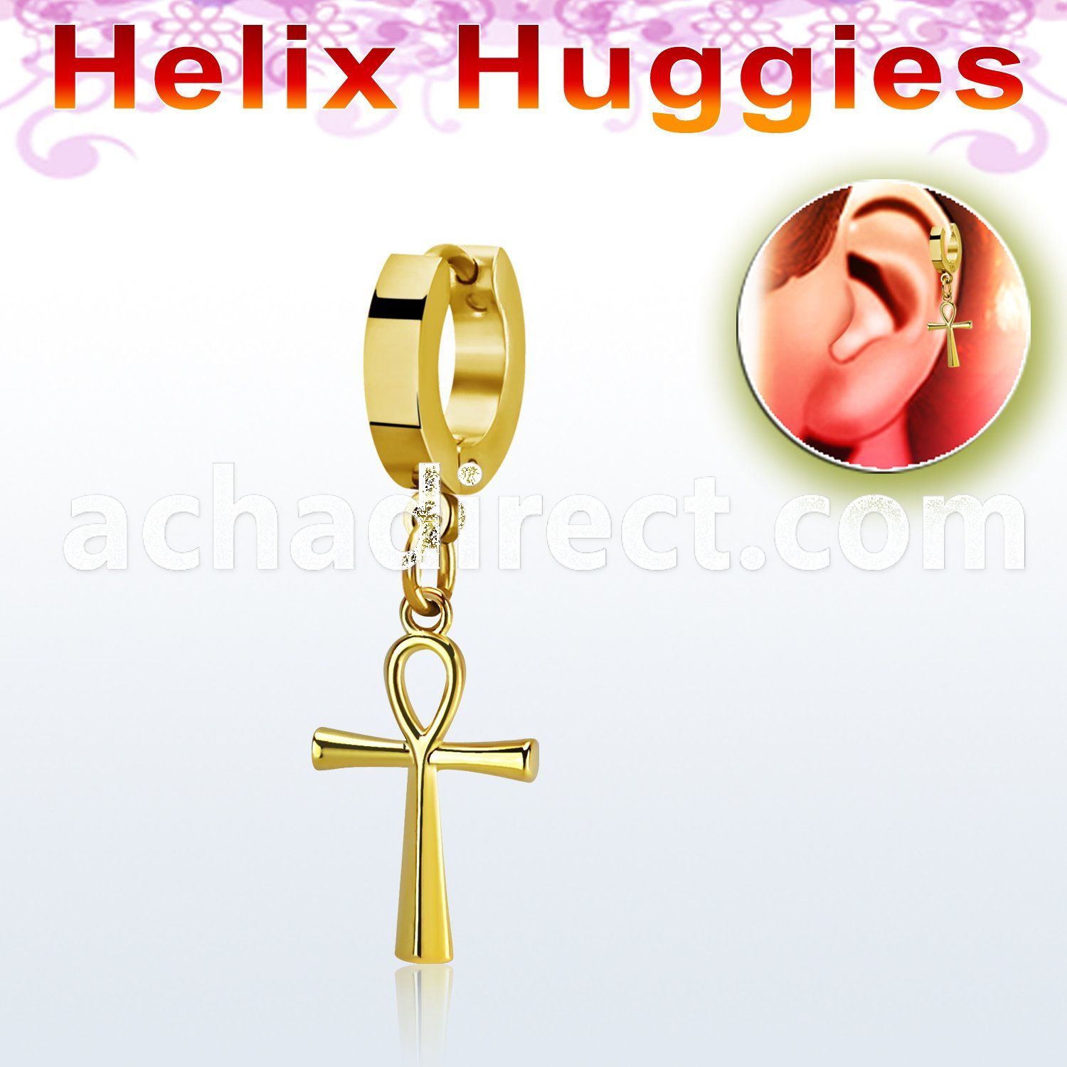 gold stainless steel helix huggie earring w ankh cross
