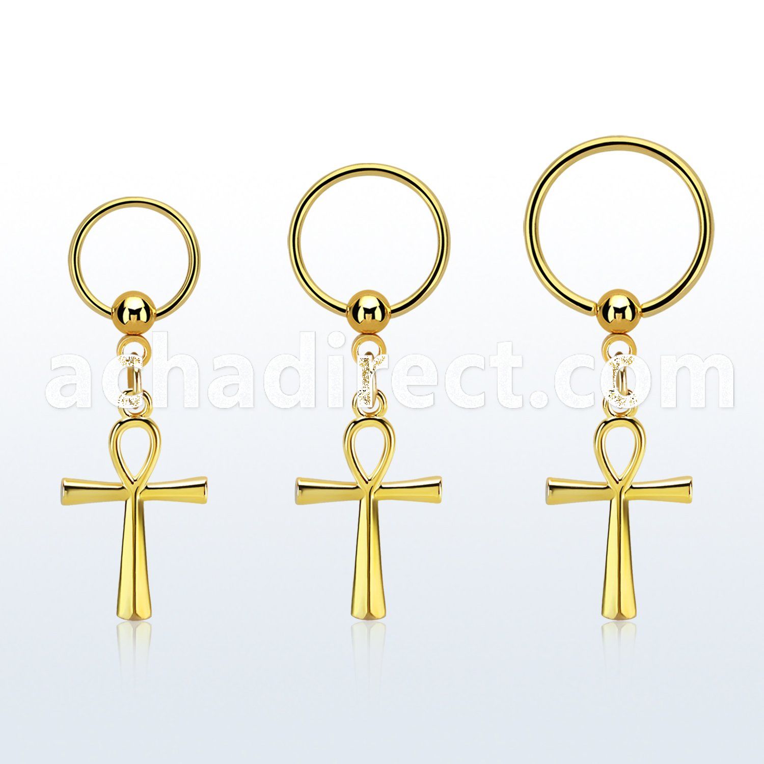 gold steel ball closure ring 16g w a dangling ankh cross 