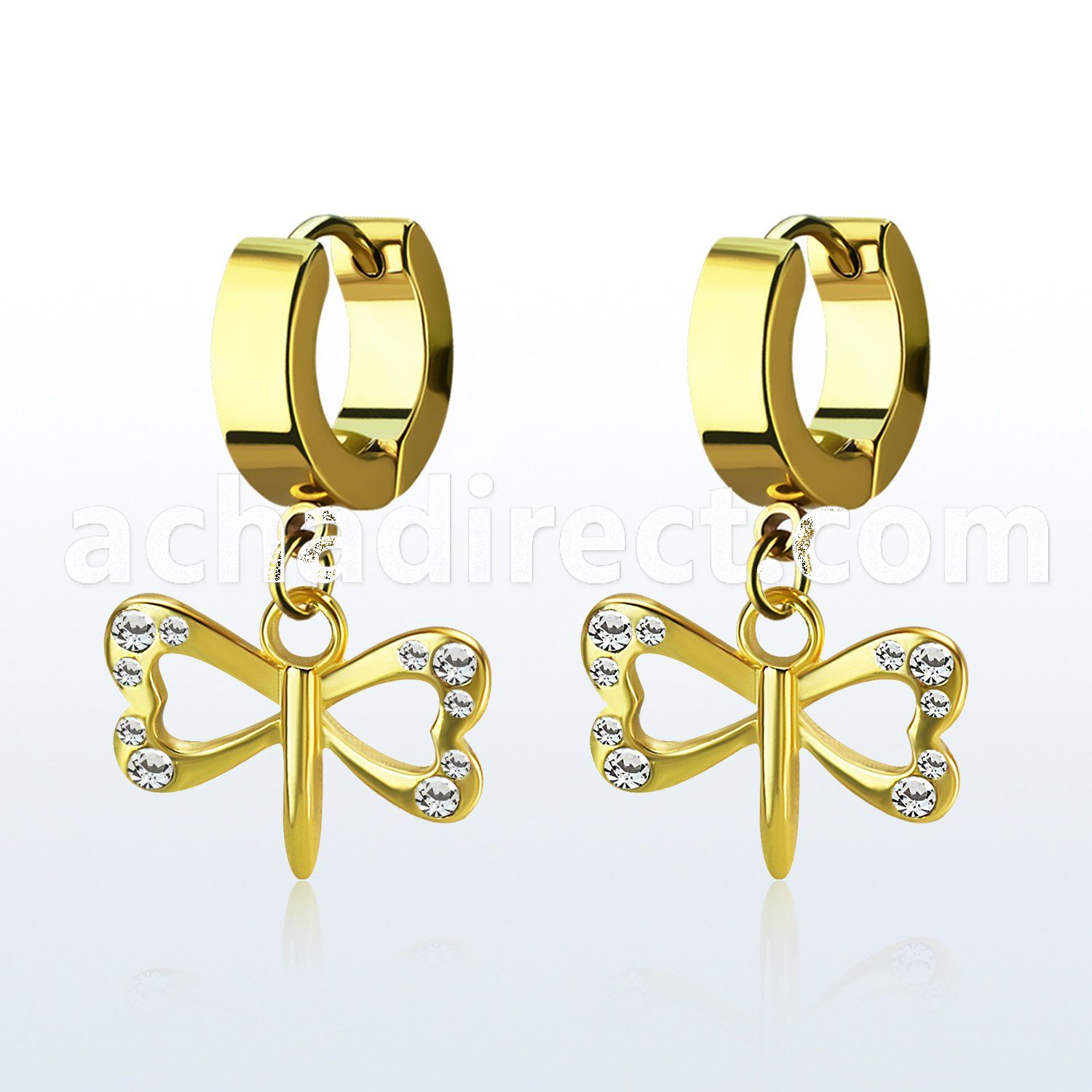 gold steel earrings w small dangling crystal dragonfly