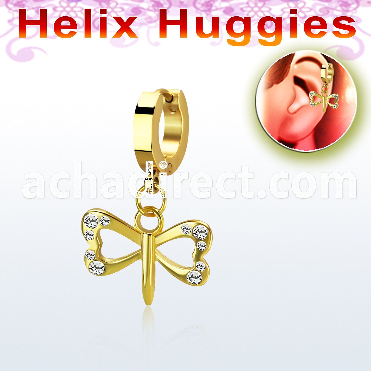 gold steel helix huggie w dangling crystal dragonfly