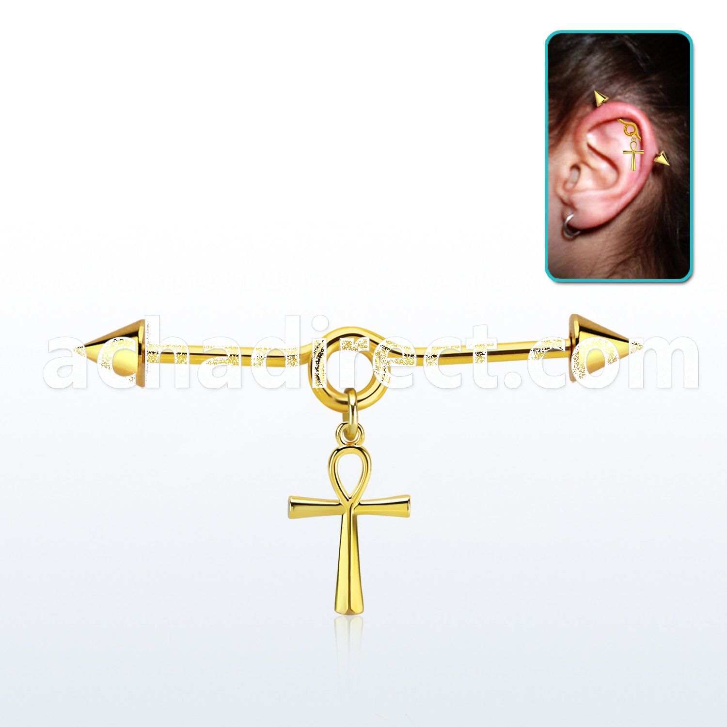 gold steel industrial loop barbell w cone & ankh cross