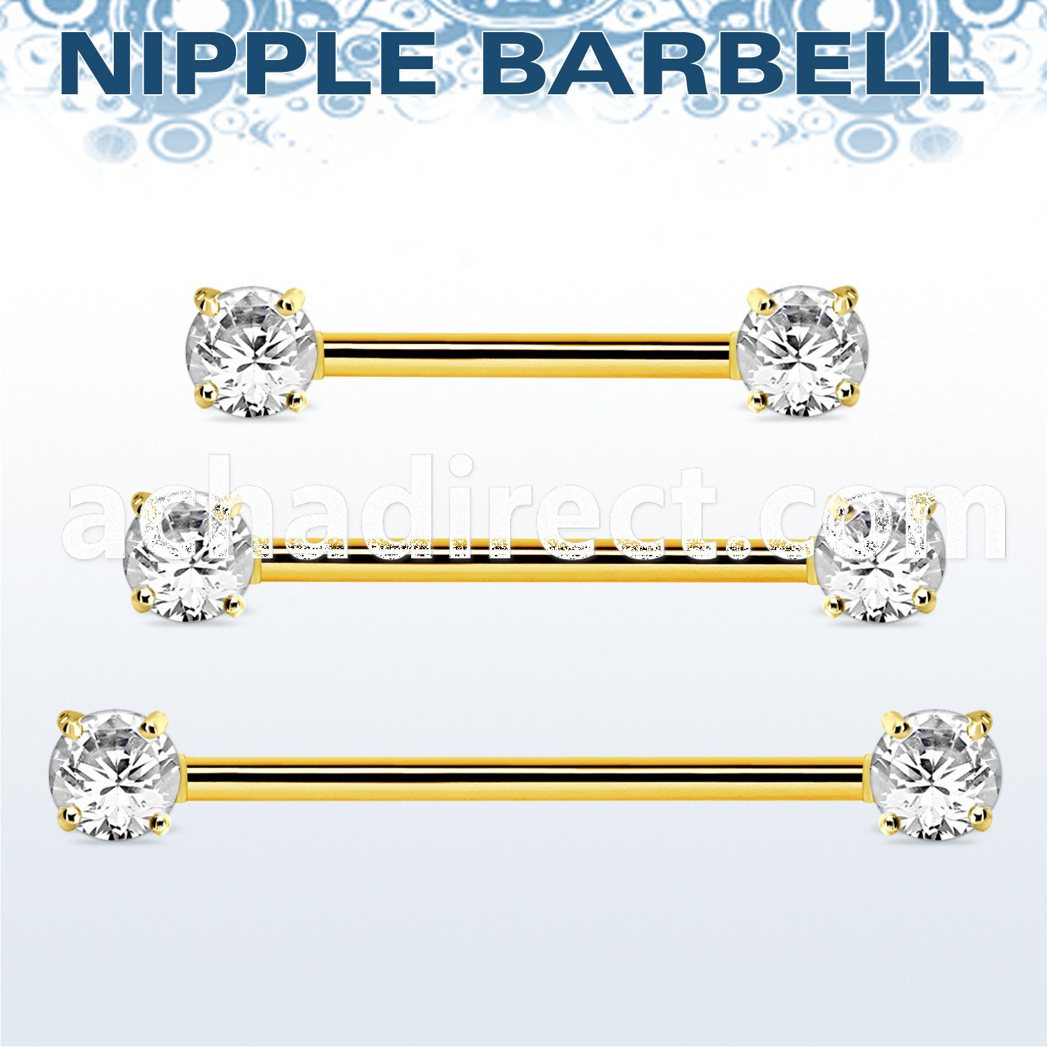 gold steel nipple barbell w prong set round czs