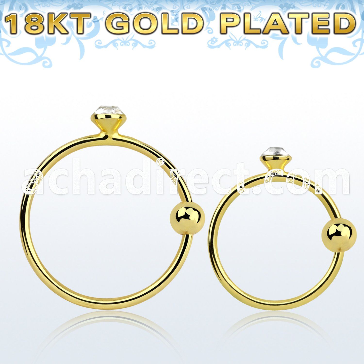 gpm9 gold plated 925 silver nose hoop w 1.5mm round crystal