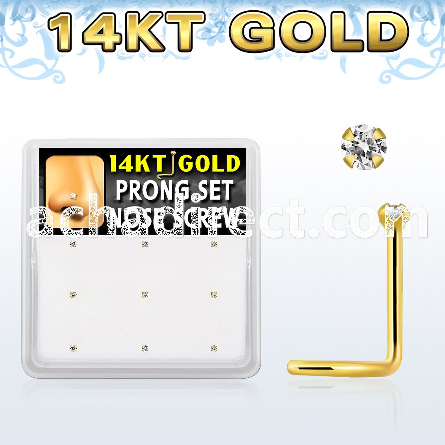 gsc2x box w 14kt gold nose screws, 20g w 1.5mm set clear cz 