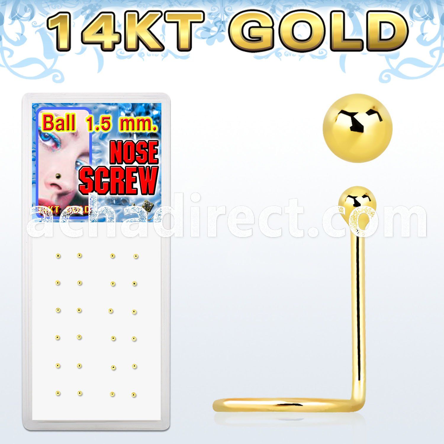 gscb box of 14kt gold nose screws with plain gold ball top