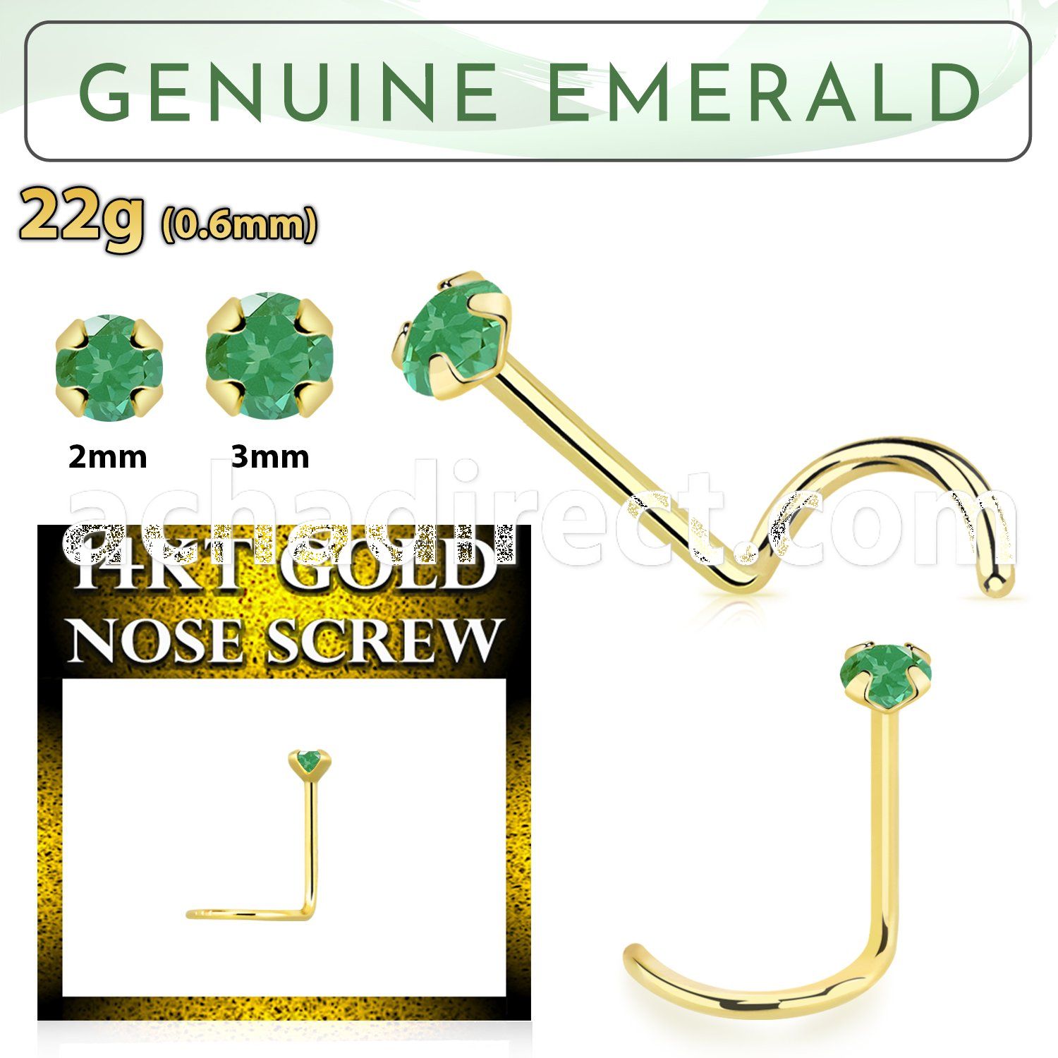 gscge10 14kt gold nose screw with a 2mm prong set emerald stone