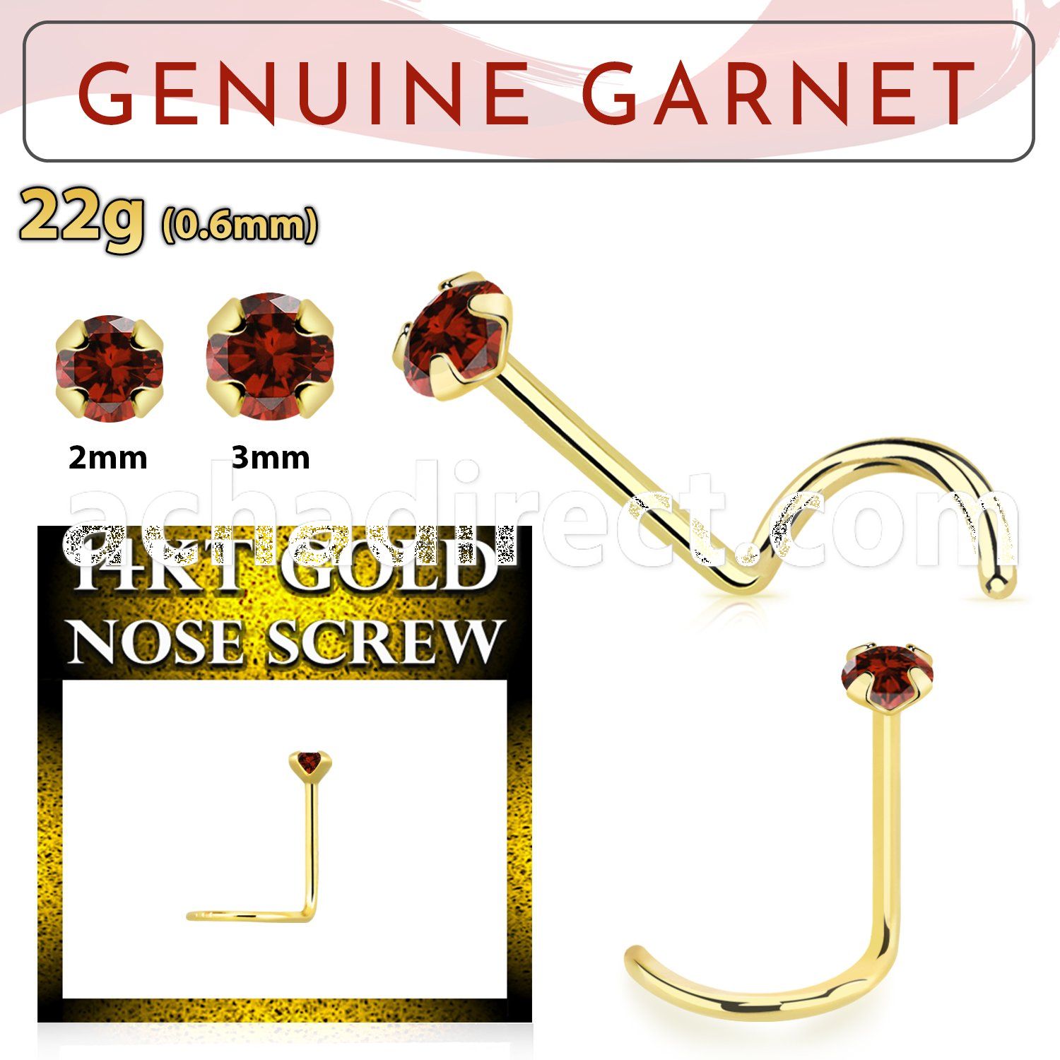 gscge2 14kt gold nose screw with a 2mm prong set garnet stone