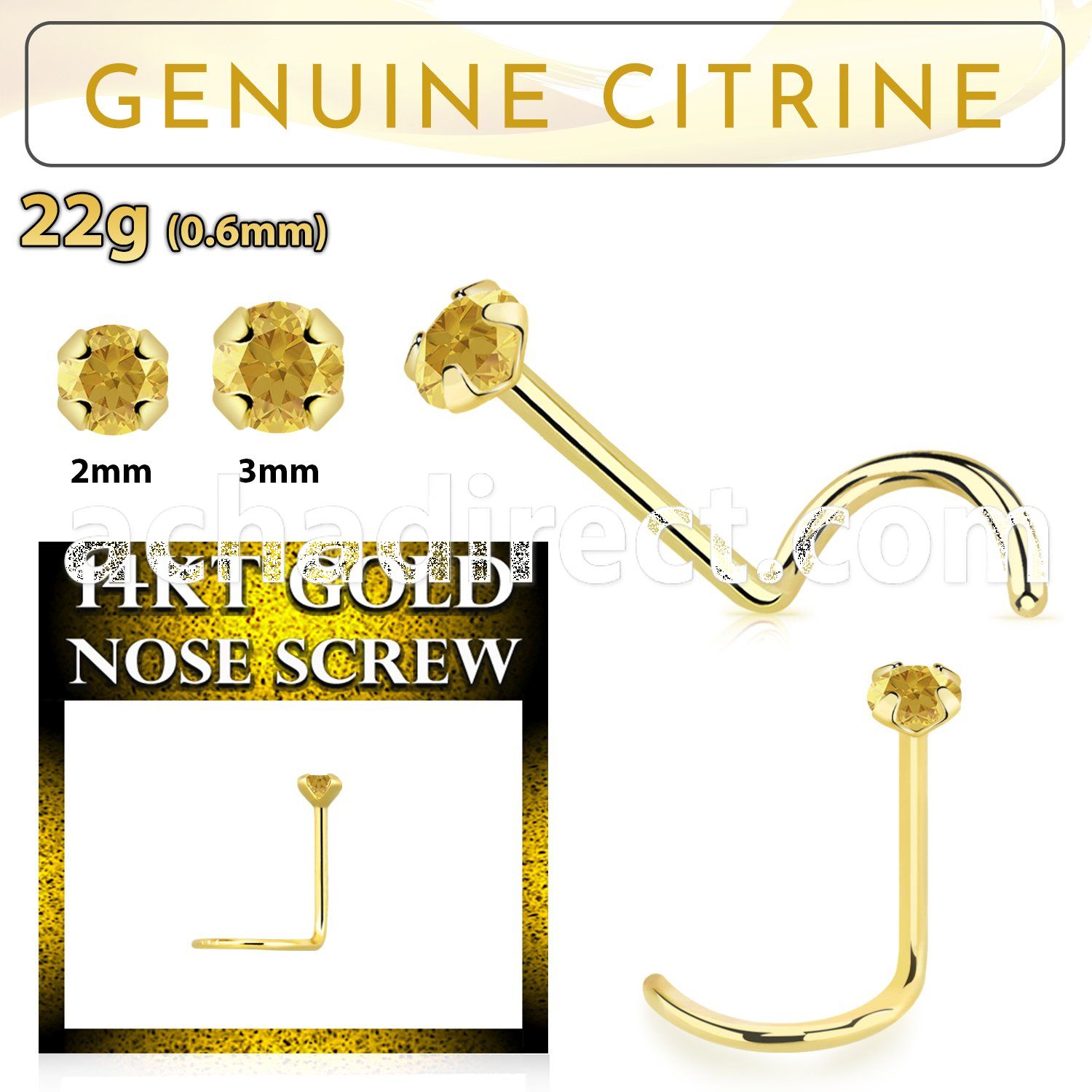 gscge6 14kt gold nose screw with a 2mm prong set citrine stone