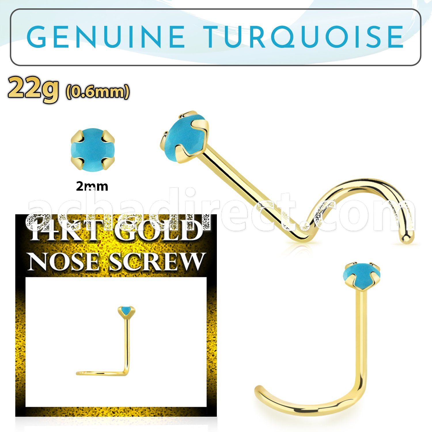 gscge7 14kt gold nose screw w 2mm prong set turquoise stone