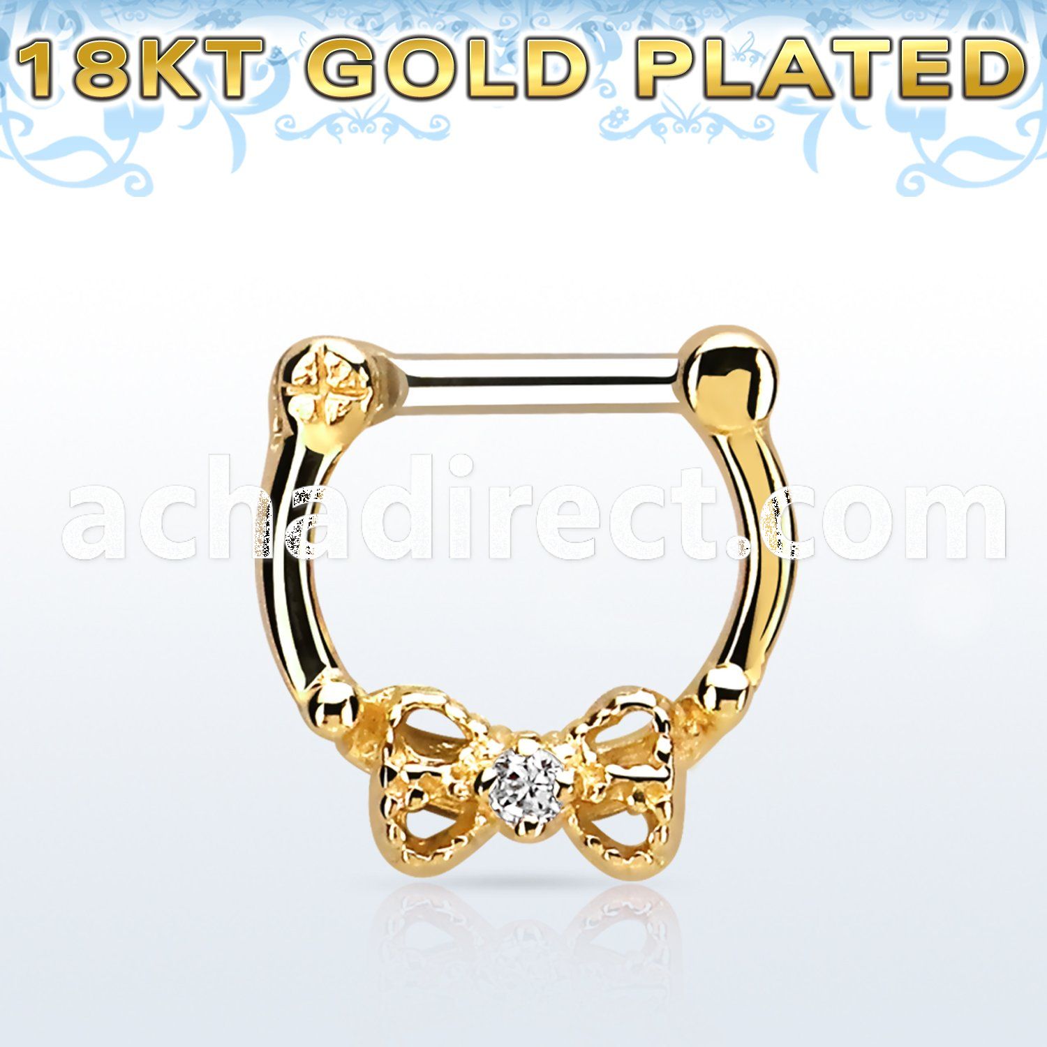 gsepk14 gold plated silver septum clicker 14g w bow cz