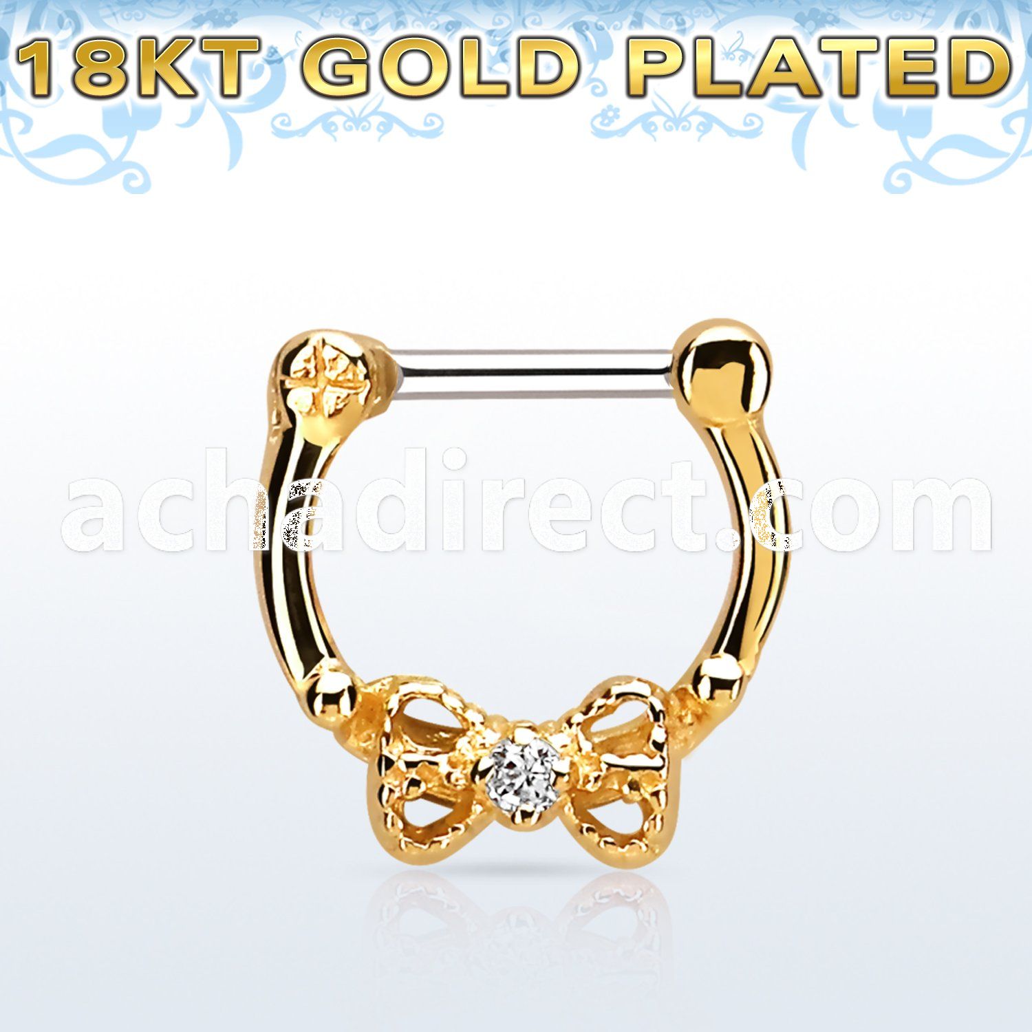 gsepk16 gold plated silver septum clicker 16g w bow cz