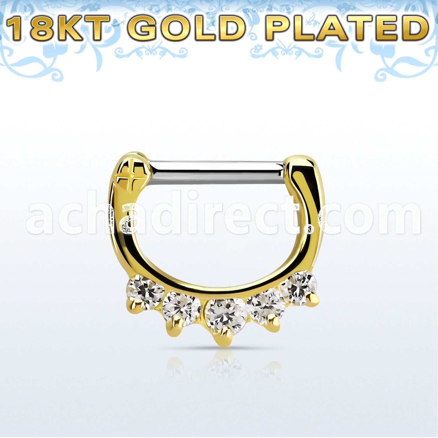 gsepq14 gold plated silver septum clicker, 14g w 5 czs stones