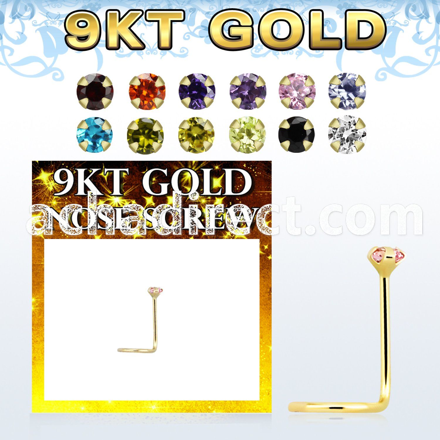 gszm9 9kt gold nose screw with 2mm round prong set cz stone