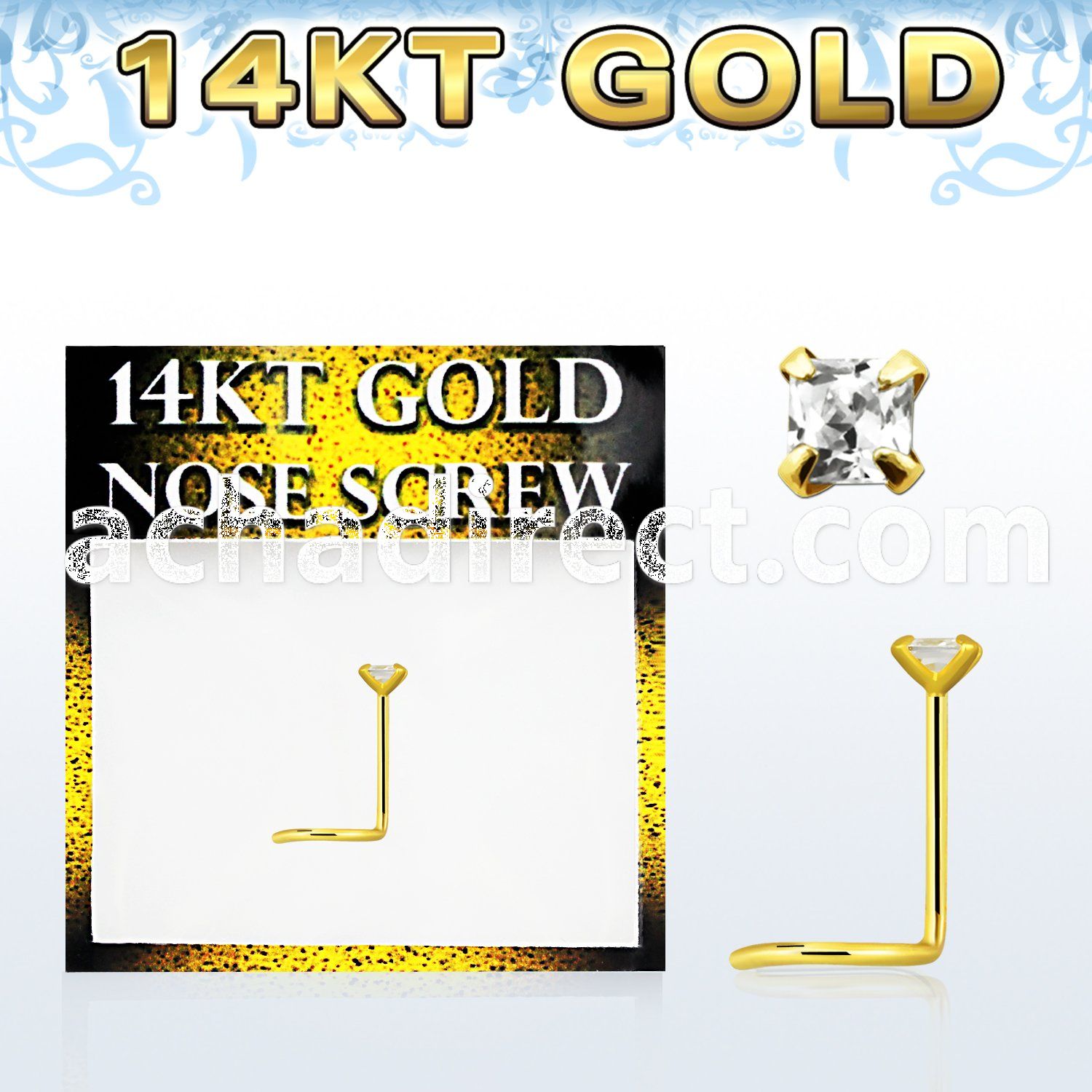 gszqm1 14kt gold nose screw, w 2mm square cz stone