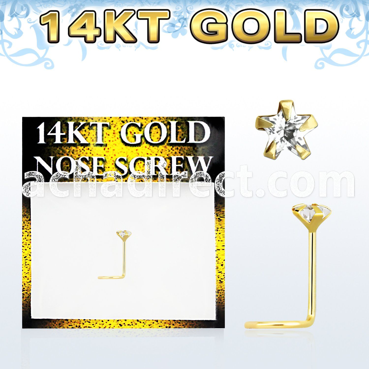 gszsm1 14kt gold nose screw, w 3mm star cz stone