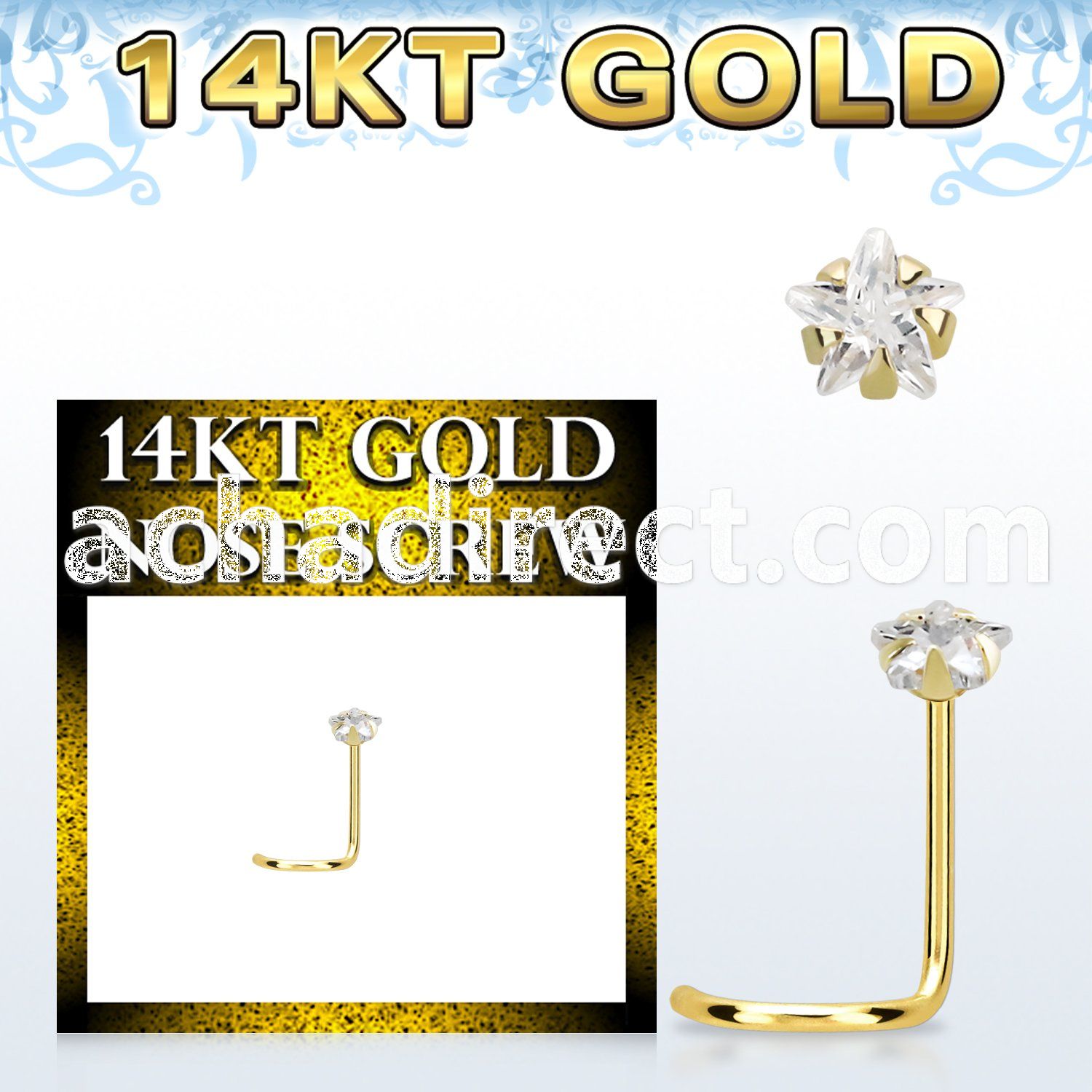 gszsrm1 14k gold nose screw 3mm prong set star cubic zirconia (cz) stone