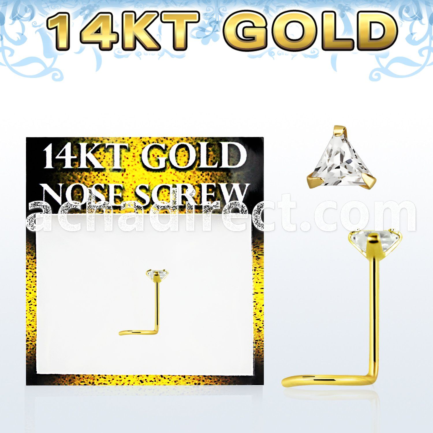 gsztm1 14kt gold nose screw, w 3mm triangle cz stone