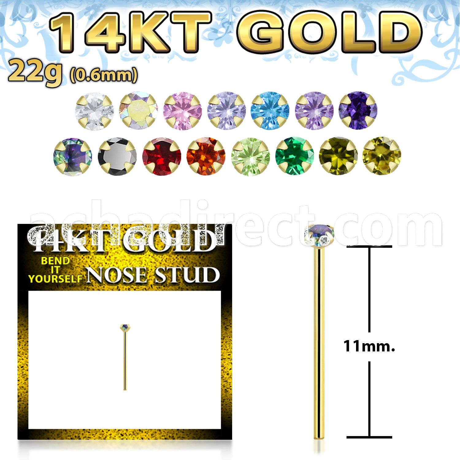 gyczm1 14kt gold bend it nose stud w a 1.5mm round cz stone