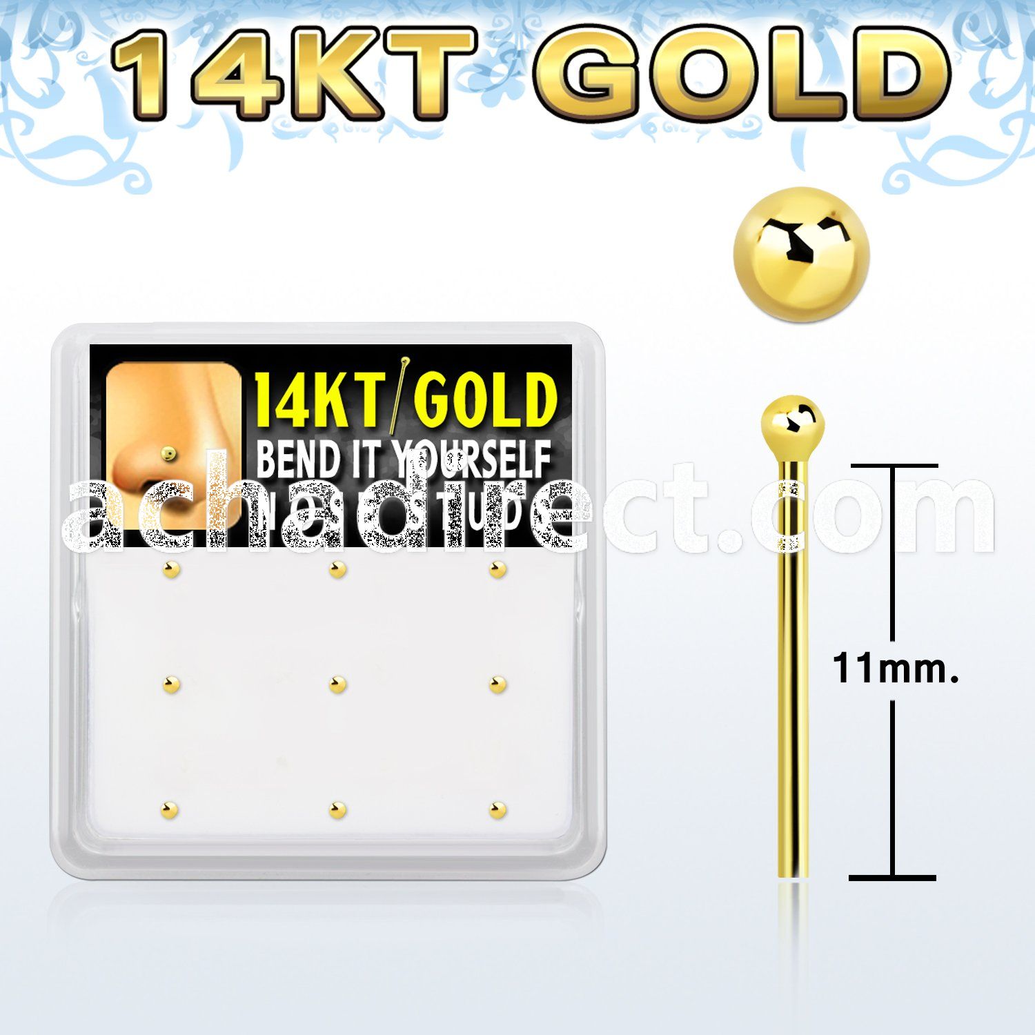 gys3x box w 14kt gold bend it nose stud 20g w 1.5mm ball top