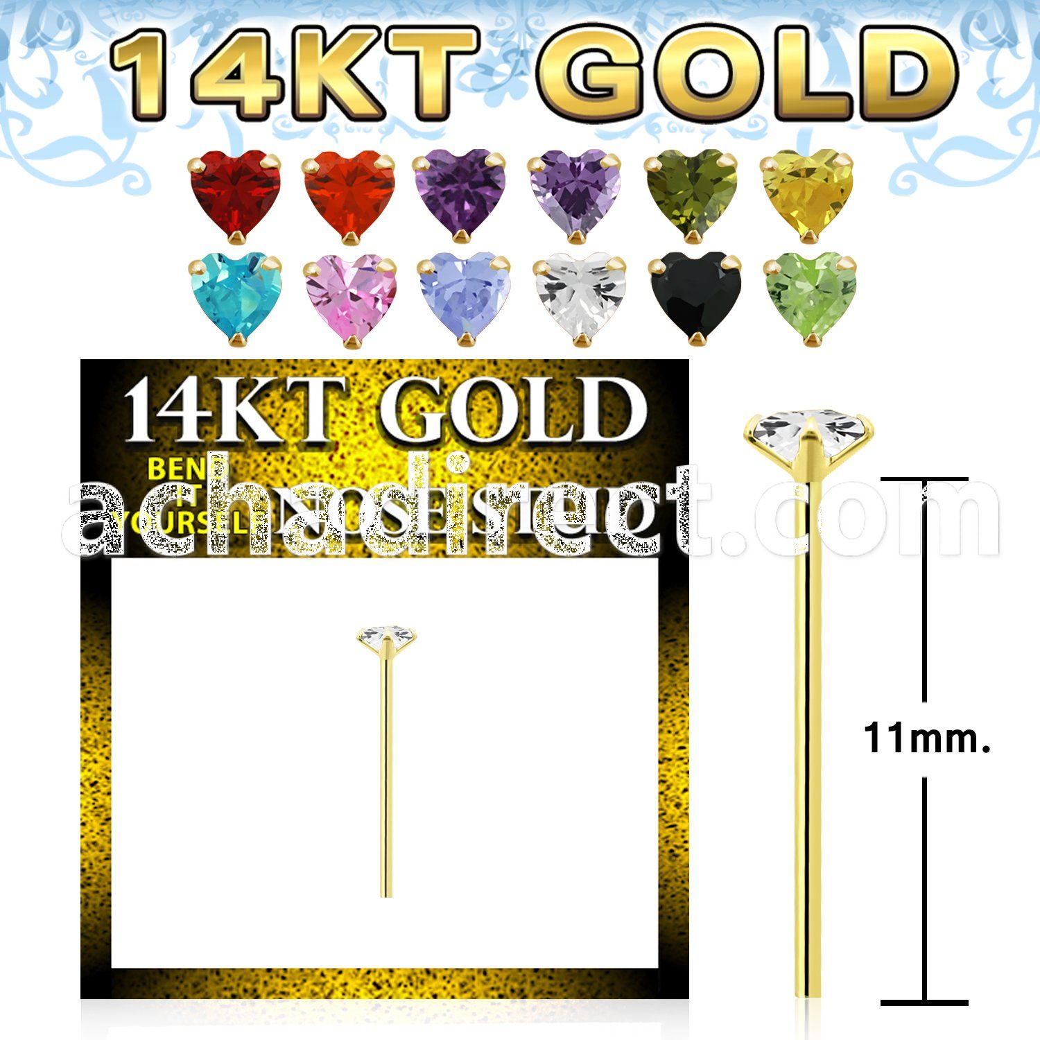 gyzhm1 14k gold bend it yourself nose stud heart color cz