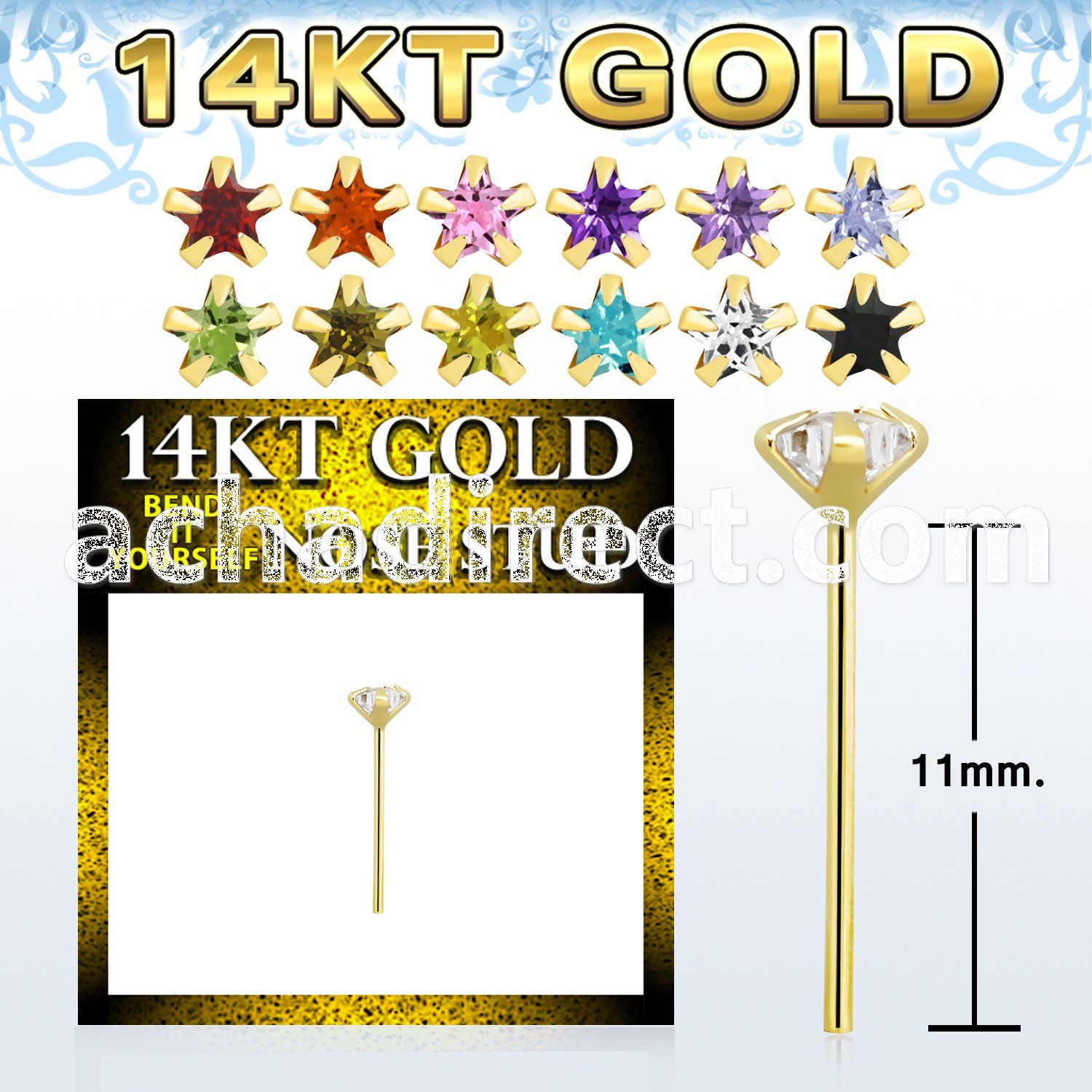 gyzsm1 14kt gold bend it nose stud with 3mm star prong set cz
