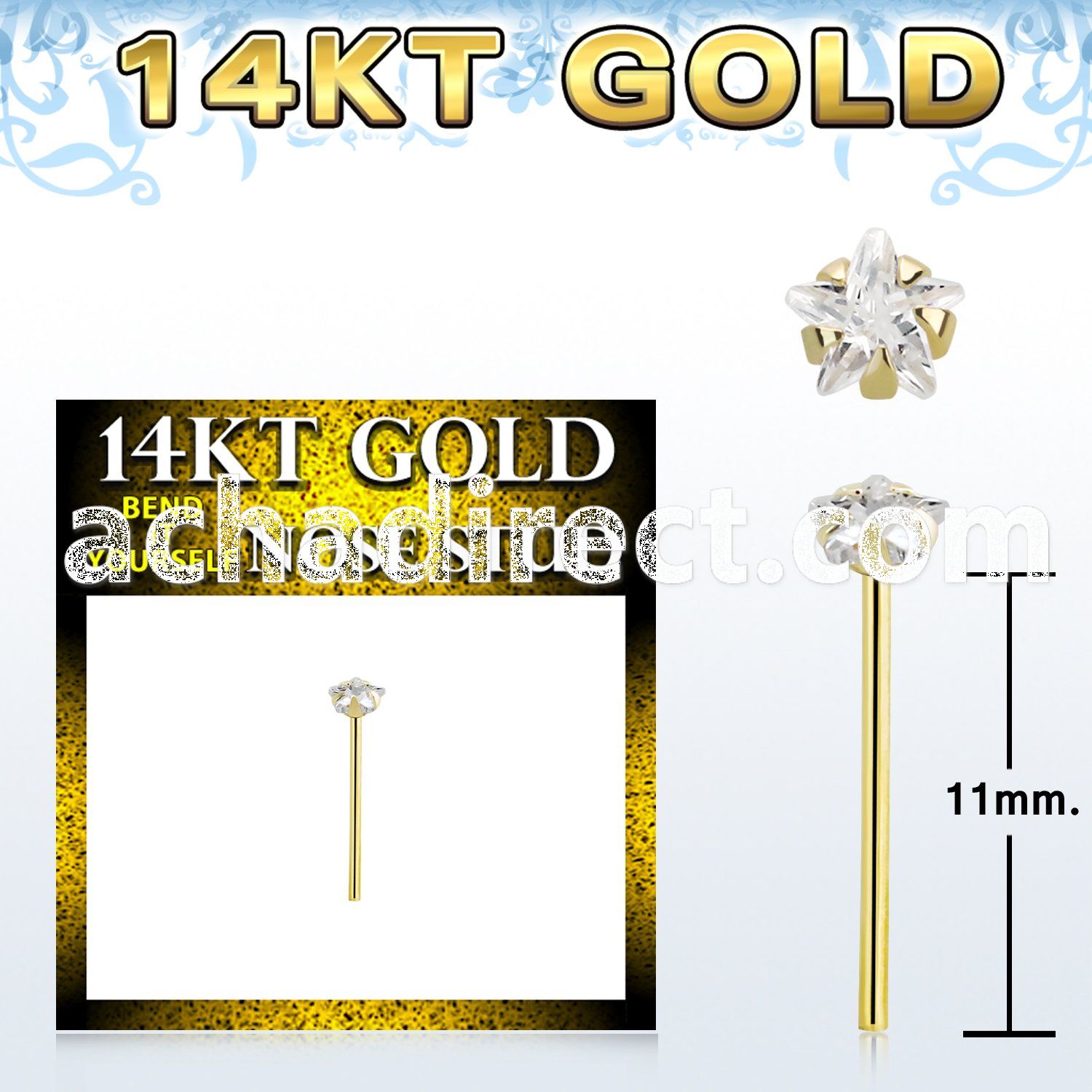 gyzsrm1 14k gold bend it yourself nose stud 3mm prong set star cubic zirconia (cz) stone