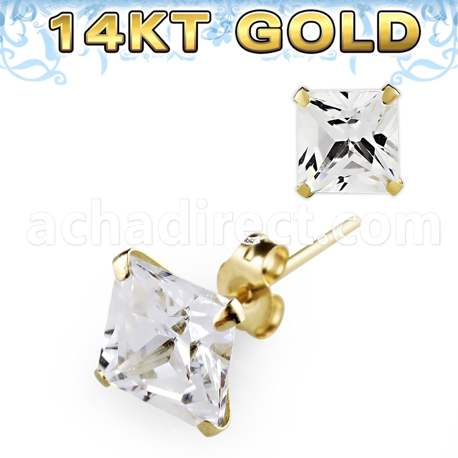gzq6 pair of 14kt gold ear studs with 6mm prong set cz stone