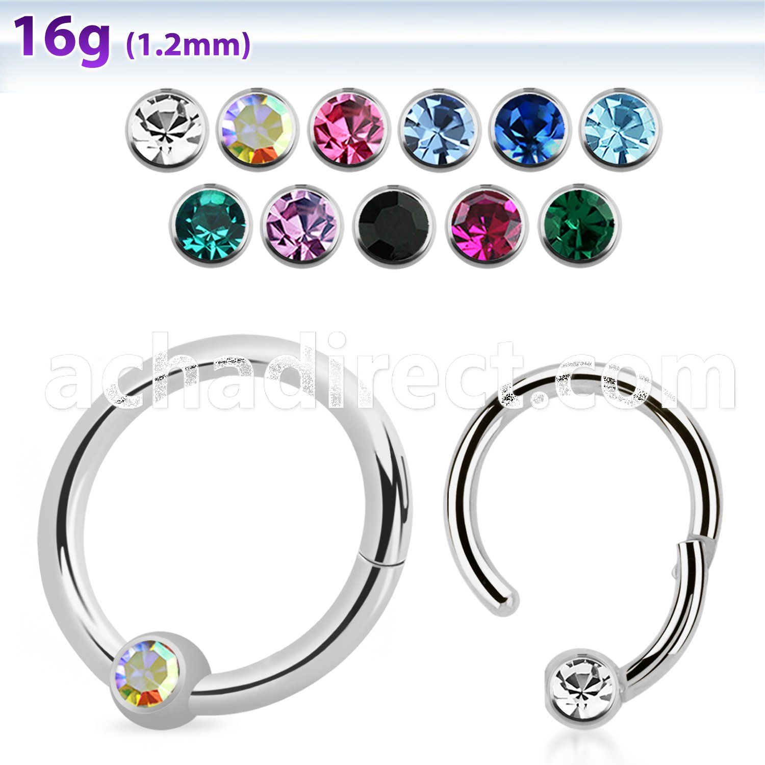 hbcrc16 high polished steel hinged ball closure ring w crystal