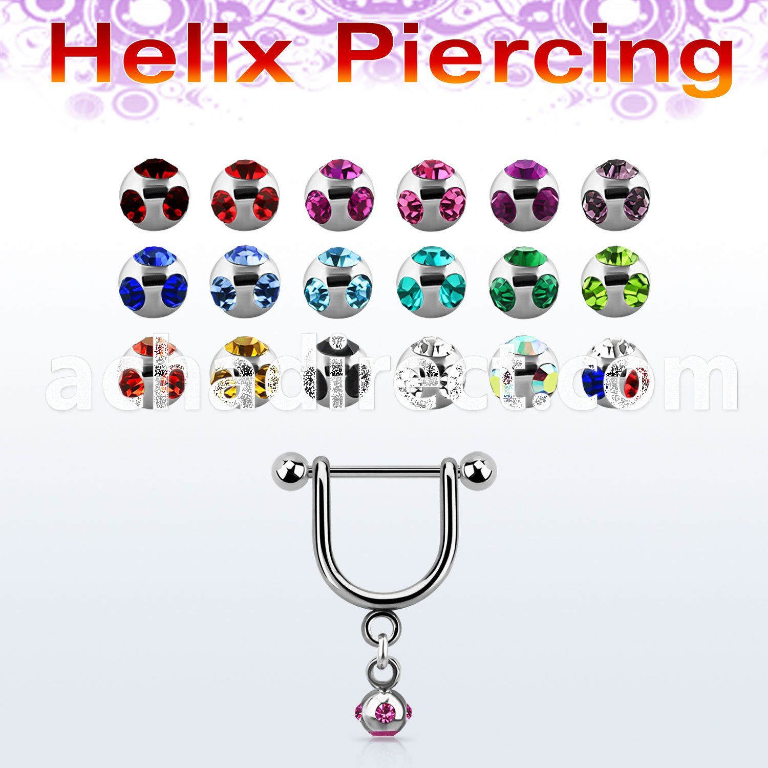 heud3 316l steel helix stirrup w 3mm multi jewel ball