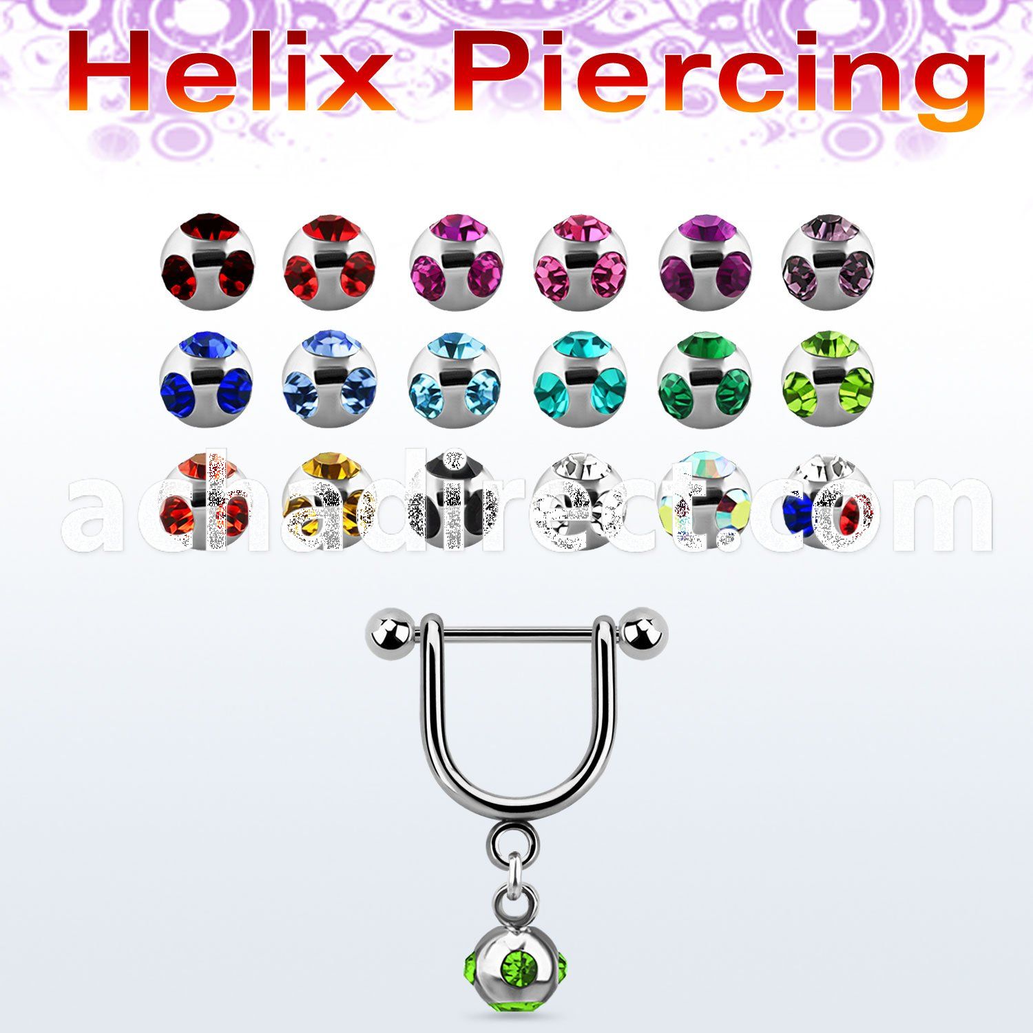 heud5 316l steel helix stirrup w 5mm multi jewel ball