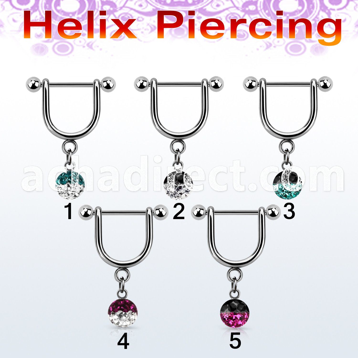 heuefr5 316l steel helix stirrup w5mm 2 color multi crystal ball
