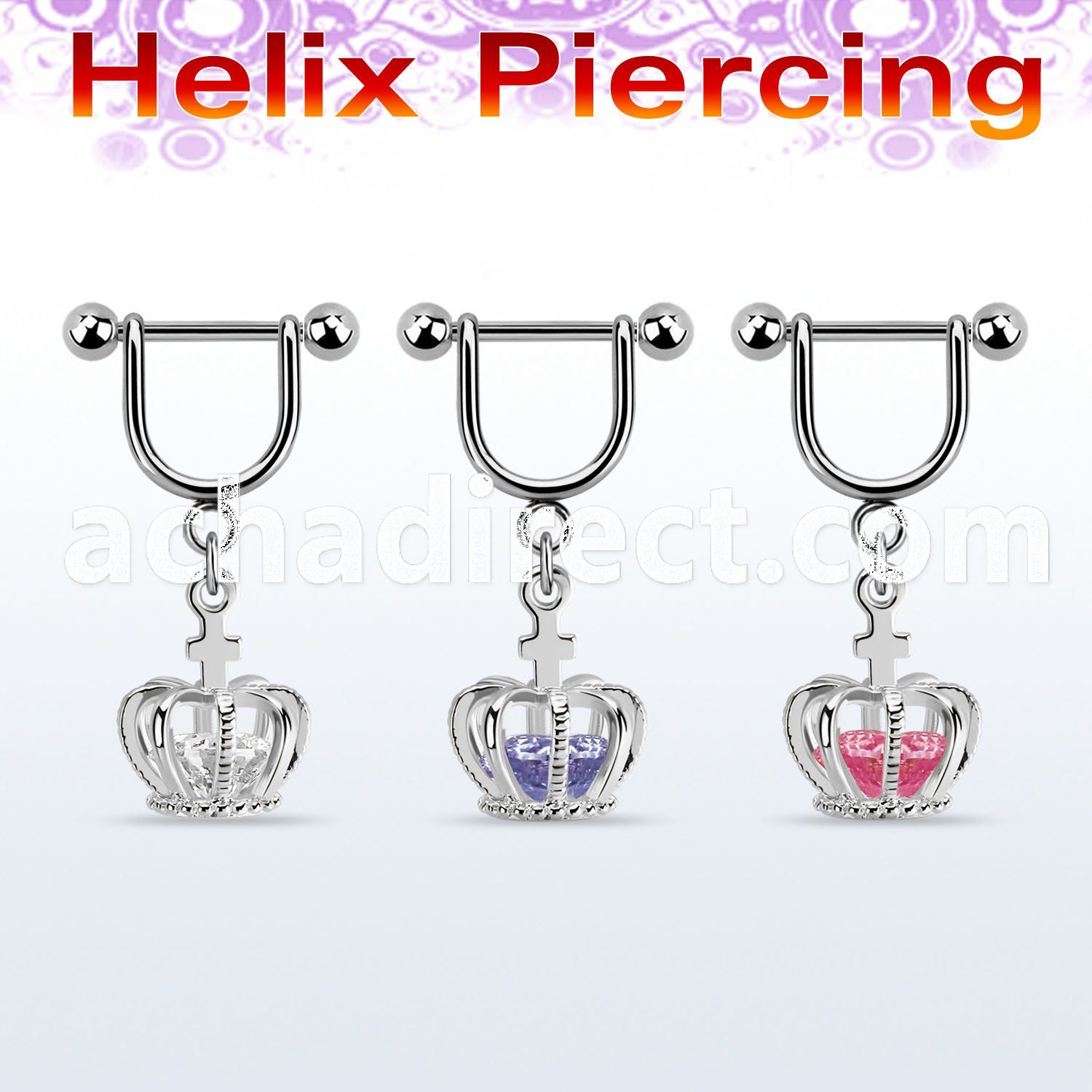 heuz12 316l steel helix stirrup w dangling crown w cz inside