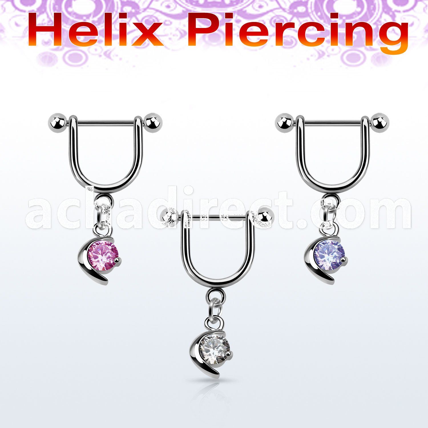 heuz8 316l steel helix stirrup w moon w a round cz stone
