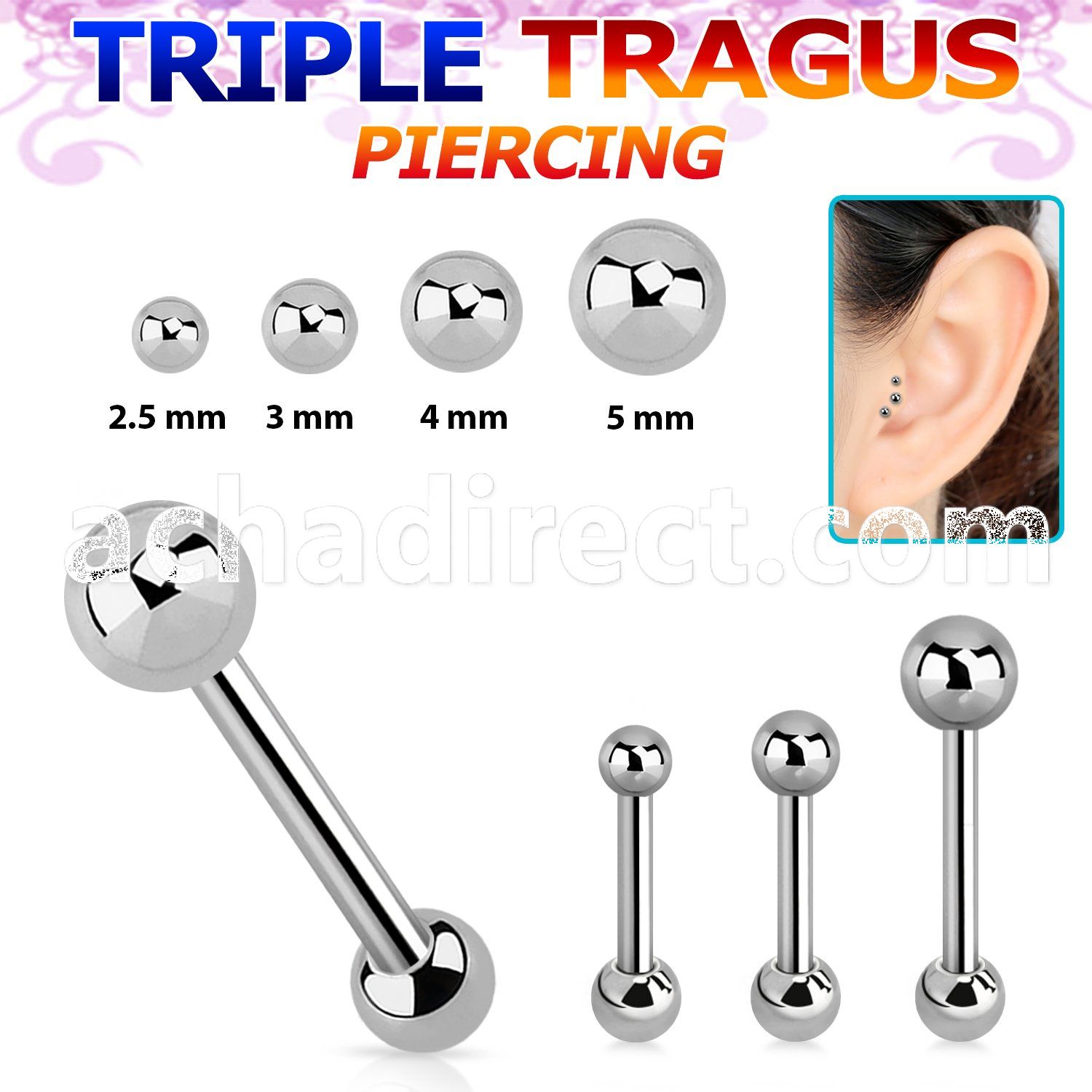 hexab 316l steel triple tragus piercing w 3mm 2 5 5mm ball