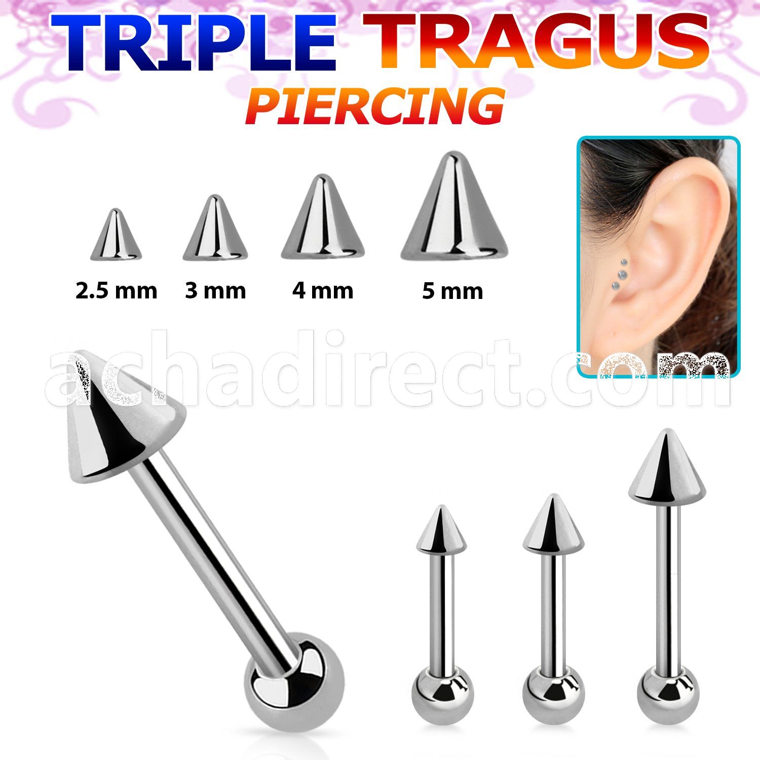 hexbcn 316l steel triple tragus piercing w 3mm 2 5 5mm cone