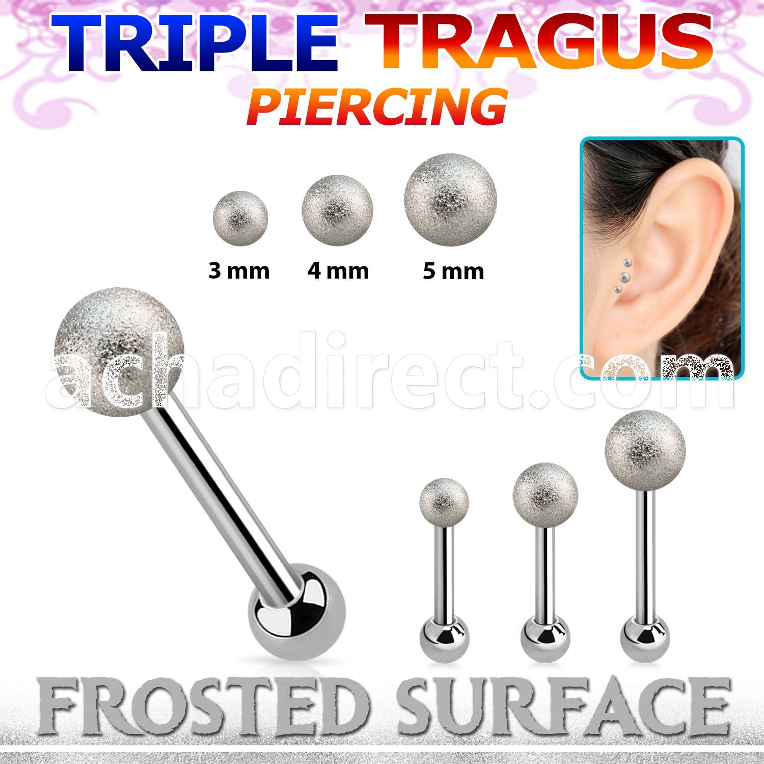 hexifo steel triple tragus piercing w upper 3 5mm frosted ball