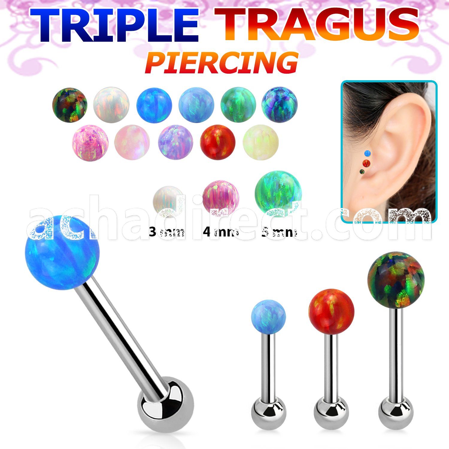 hexiop steel triple tragus piercing w 3mm synthetic opal ball