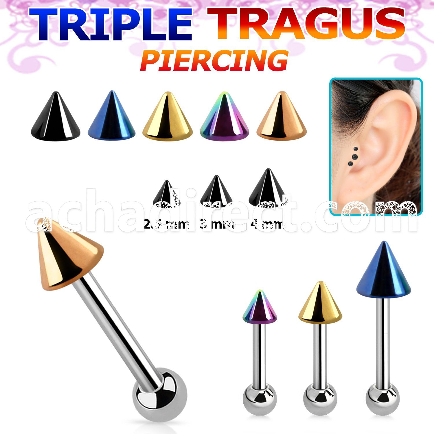 hextbcn anodized 316l steel triple tragus piercing w 2 5 4 cone