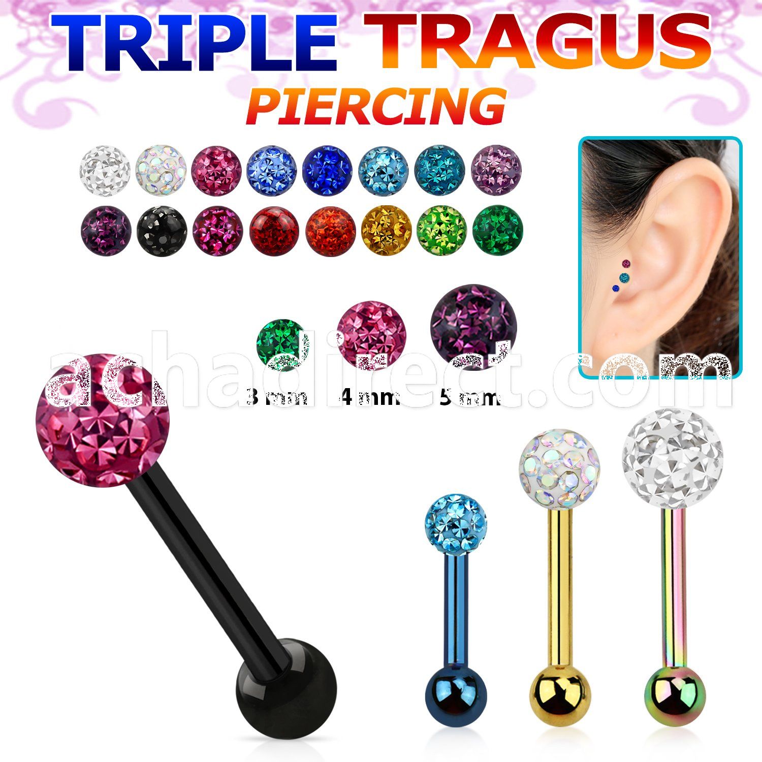 hextcfr anodized 316l steel triple tragus piercing w ferido ball