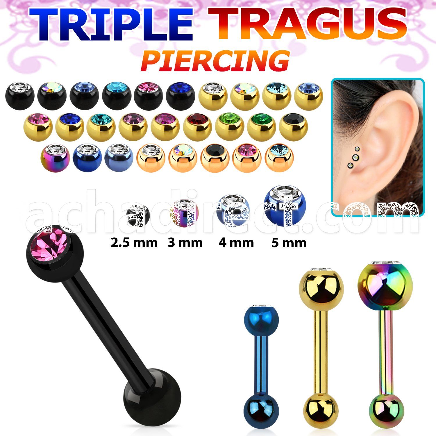 hextdc anodized 316l steel triple tragus piercing w bezel ball