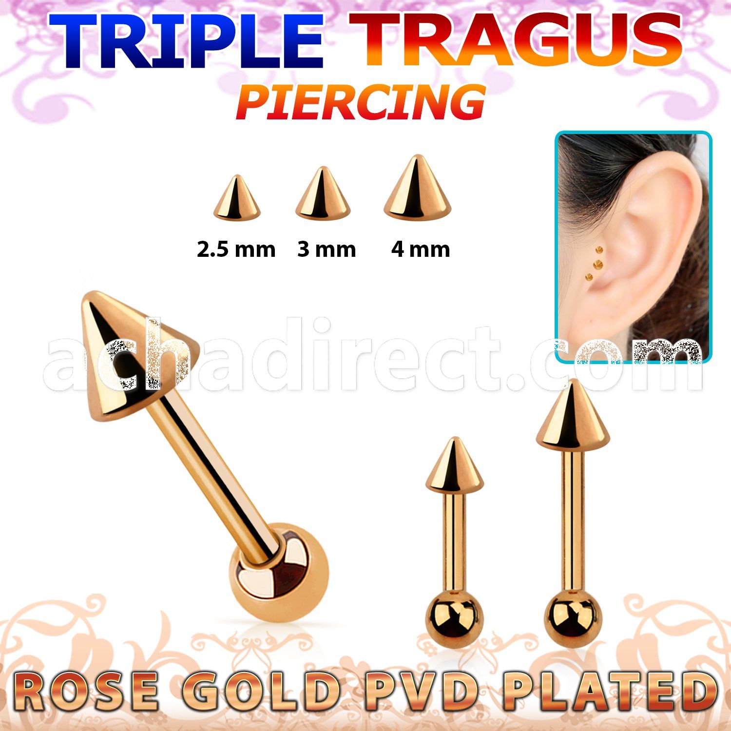 hexttbcn rose gold steel triple tragus piercing w 2.5  4mm cone