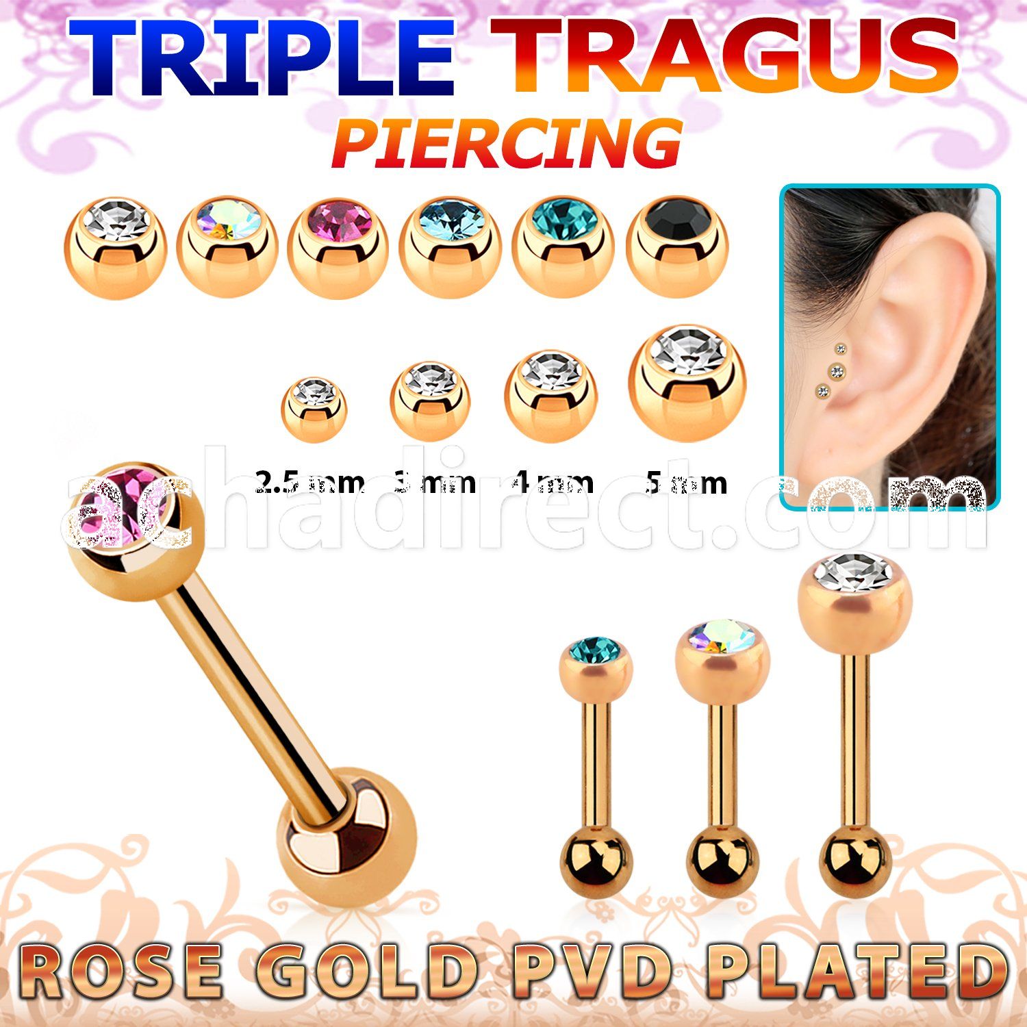 hexttdc rose gold triple tragus piercing w 2.5  5mm jewel ball