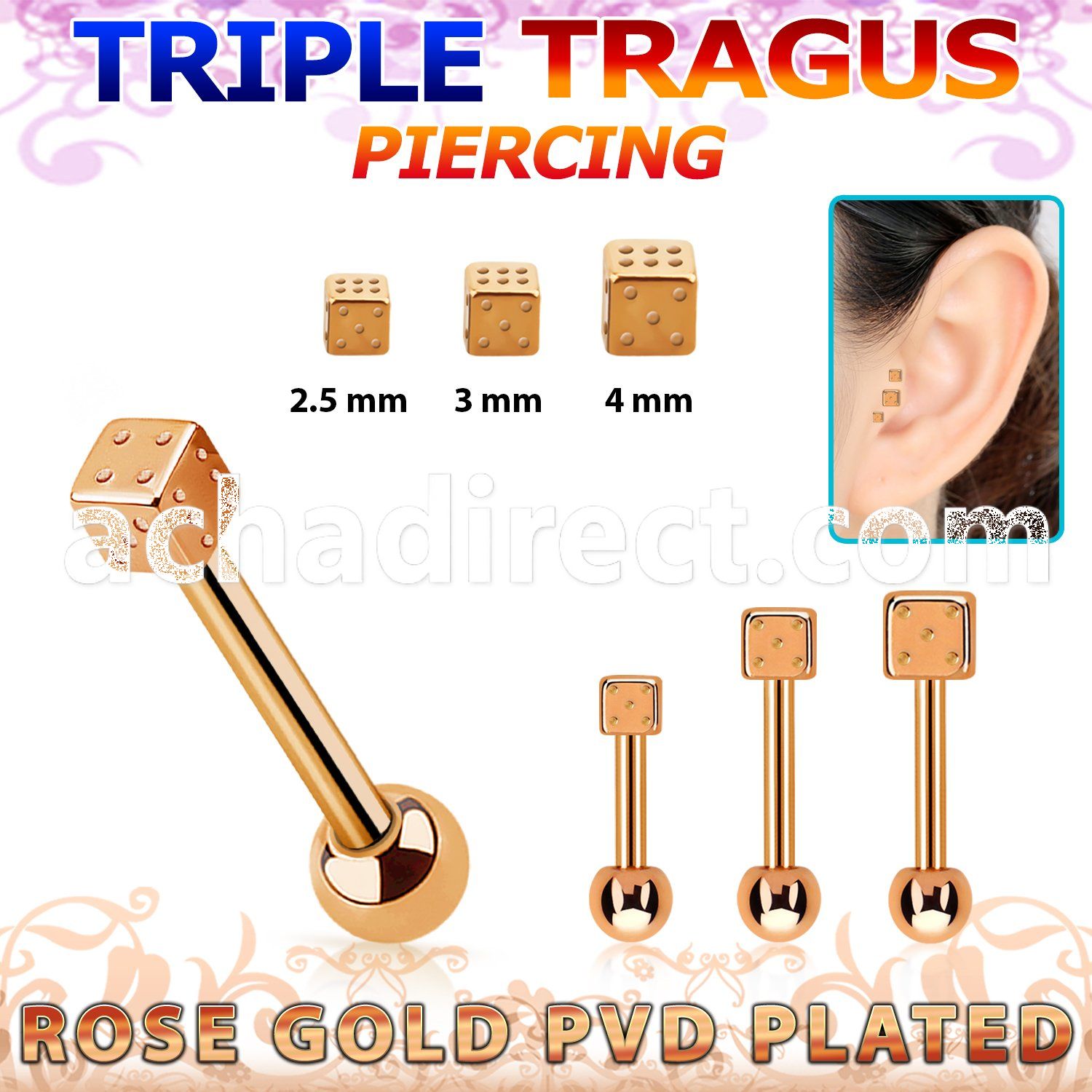 hexttfd rose gold triple tragus piercing w 3 5mm frosted dice