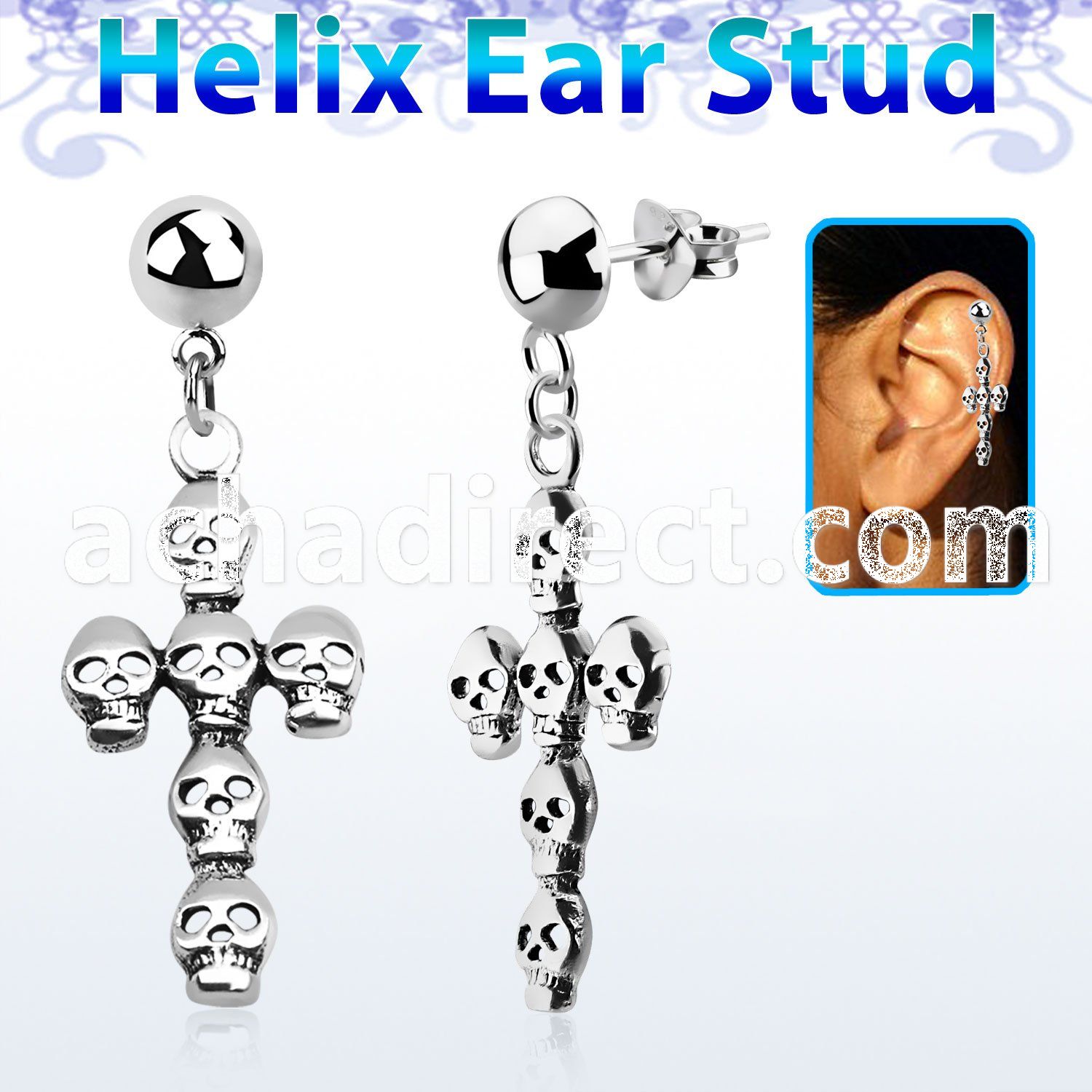 hexvd11 silver helix ear stud w dangling cross formed by skulls