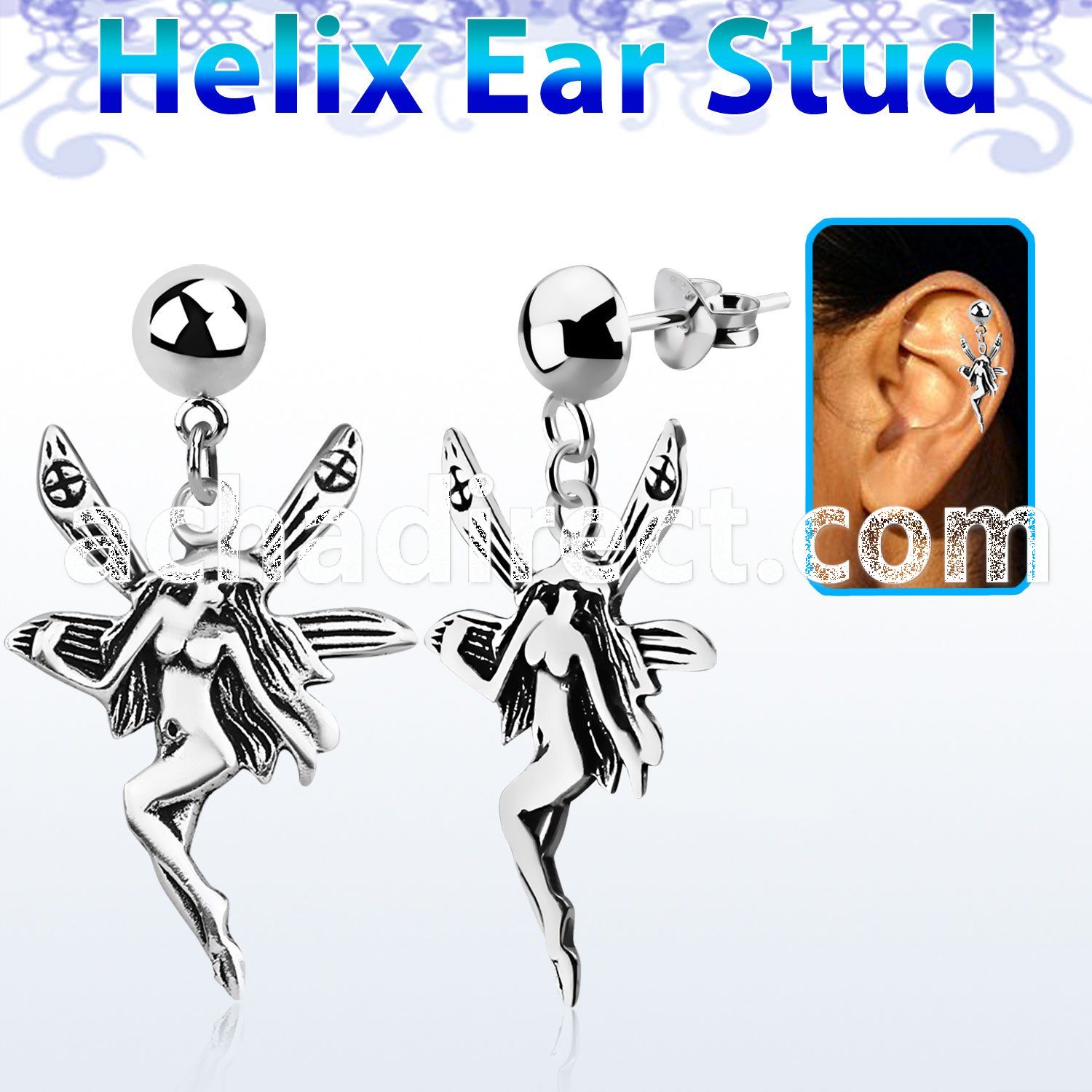 hexvd12 925 silver helix ear stud w dangling 925 silver fairy